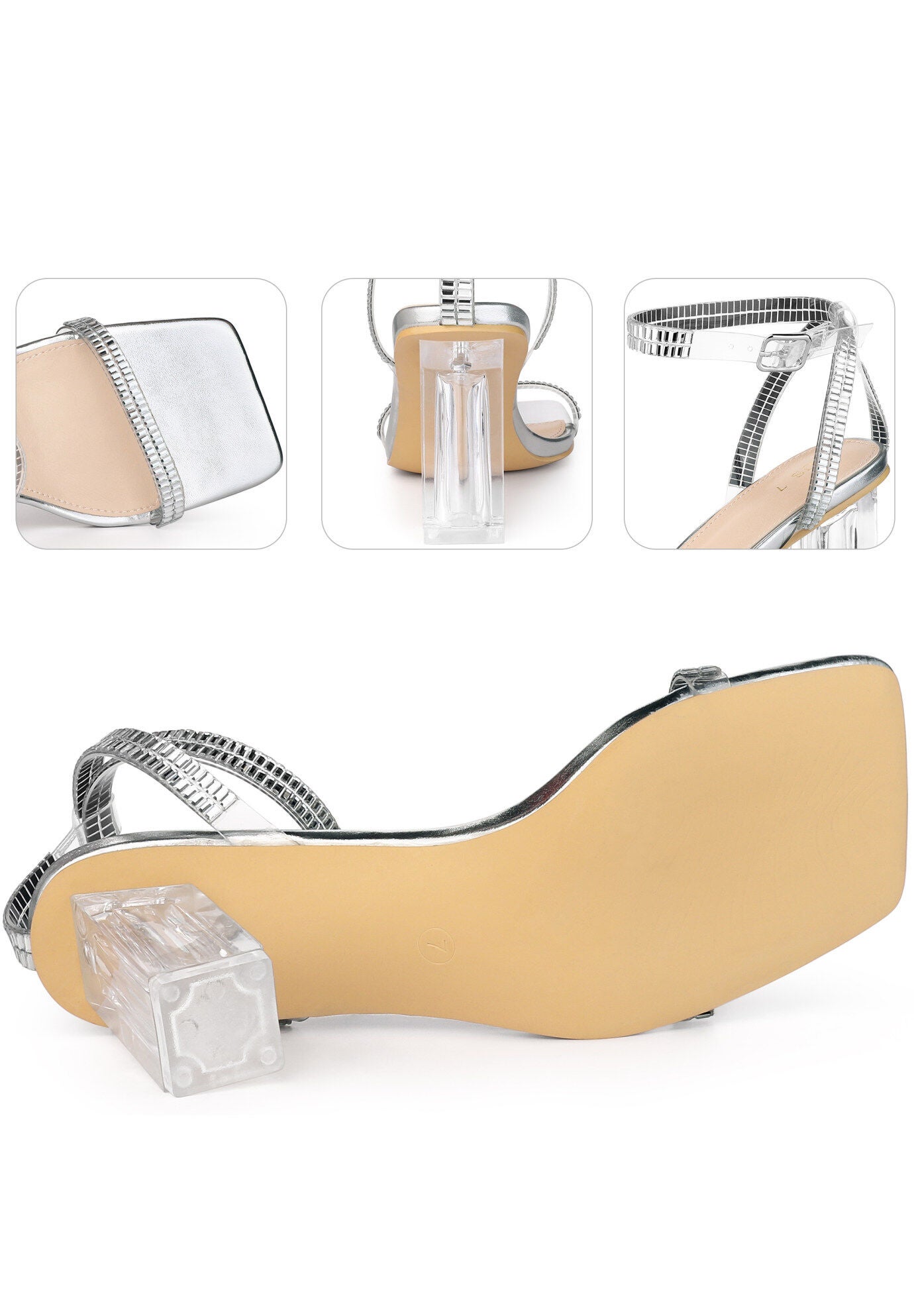Square Toe Rhinestone Strap Clear Block Heels Sandals, Silver / Silver, alternate image number 2