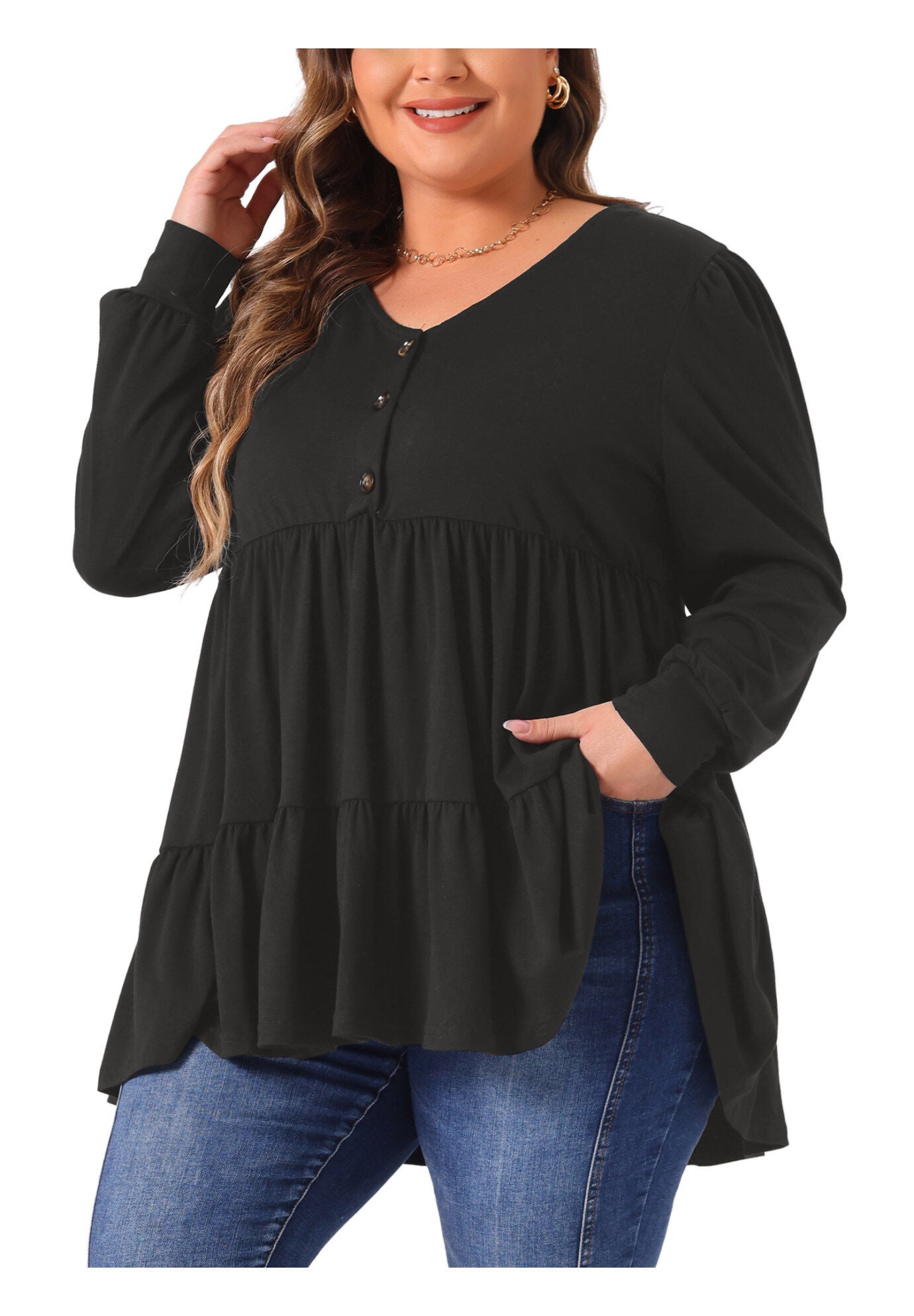 V Neck Long Sleeve Button Up Peplum Tunic Babydoll Top, Black / Black, alternate image number 1