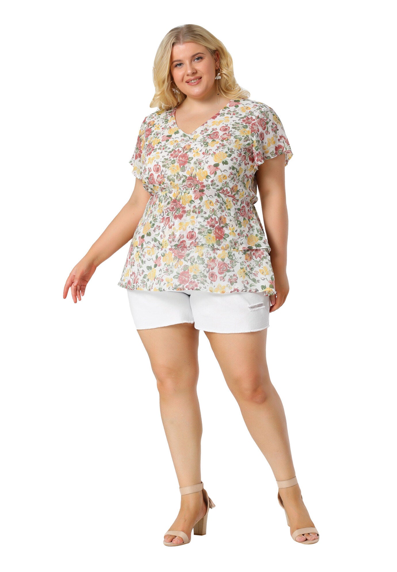 Short Sleeve Layered Casual Floral Blouse Summer Top, White / White, alternate image number 3