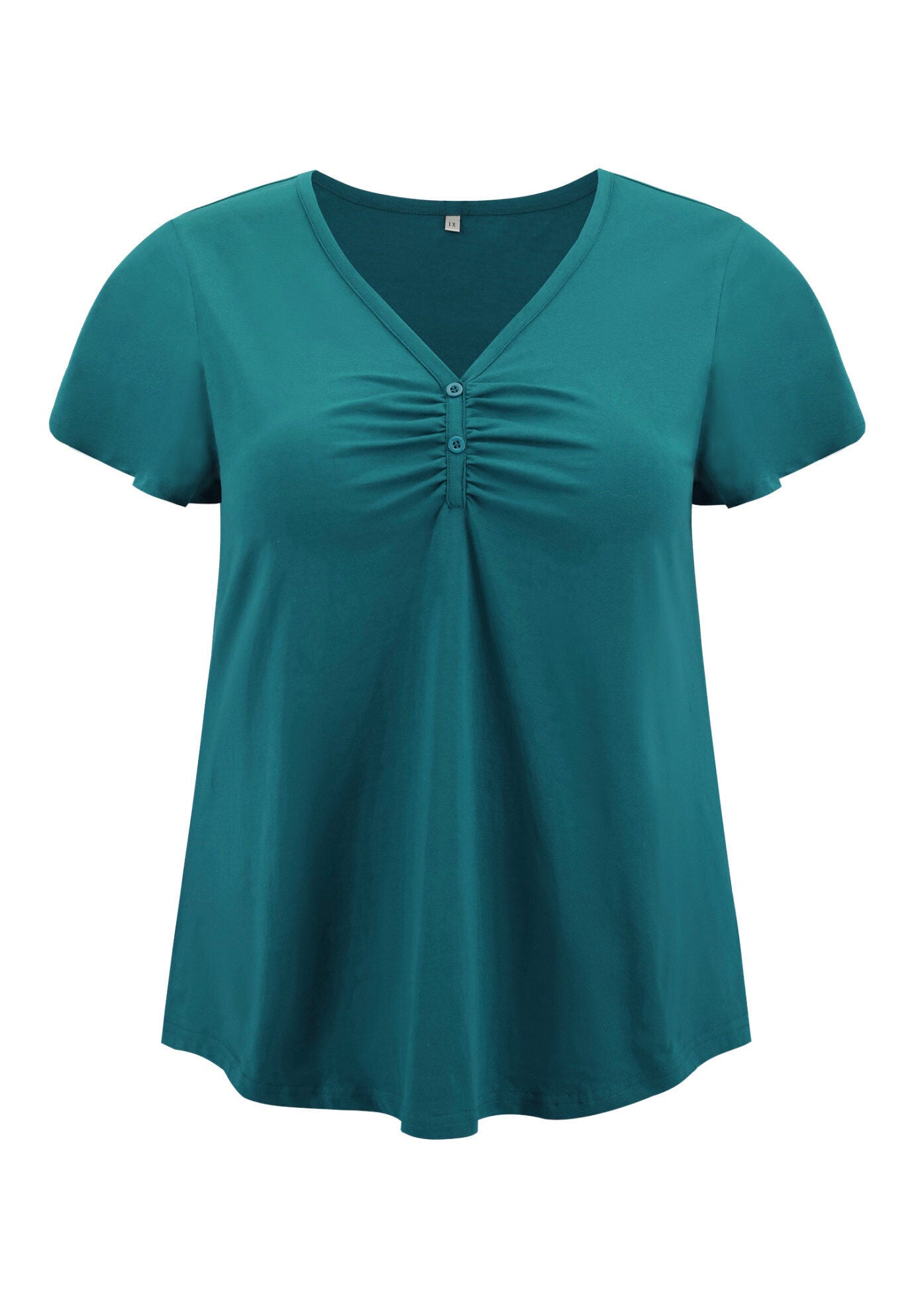 Front Pleated V Neck Flutter Sleeve Button Decor Blouse, Teal / Teal, alternate image number 3