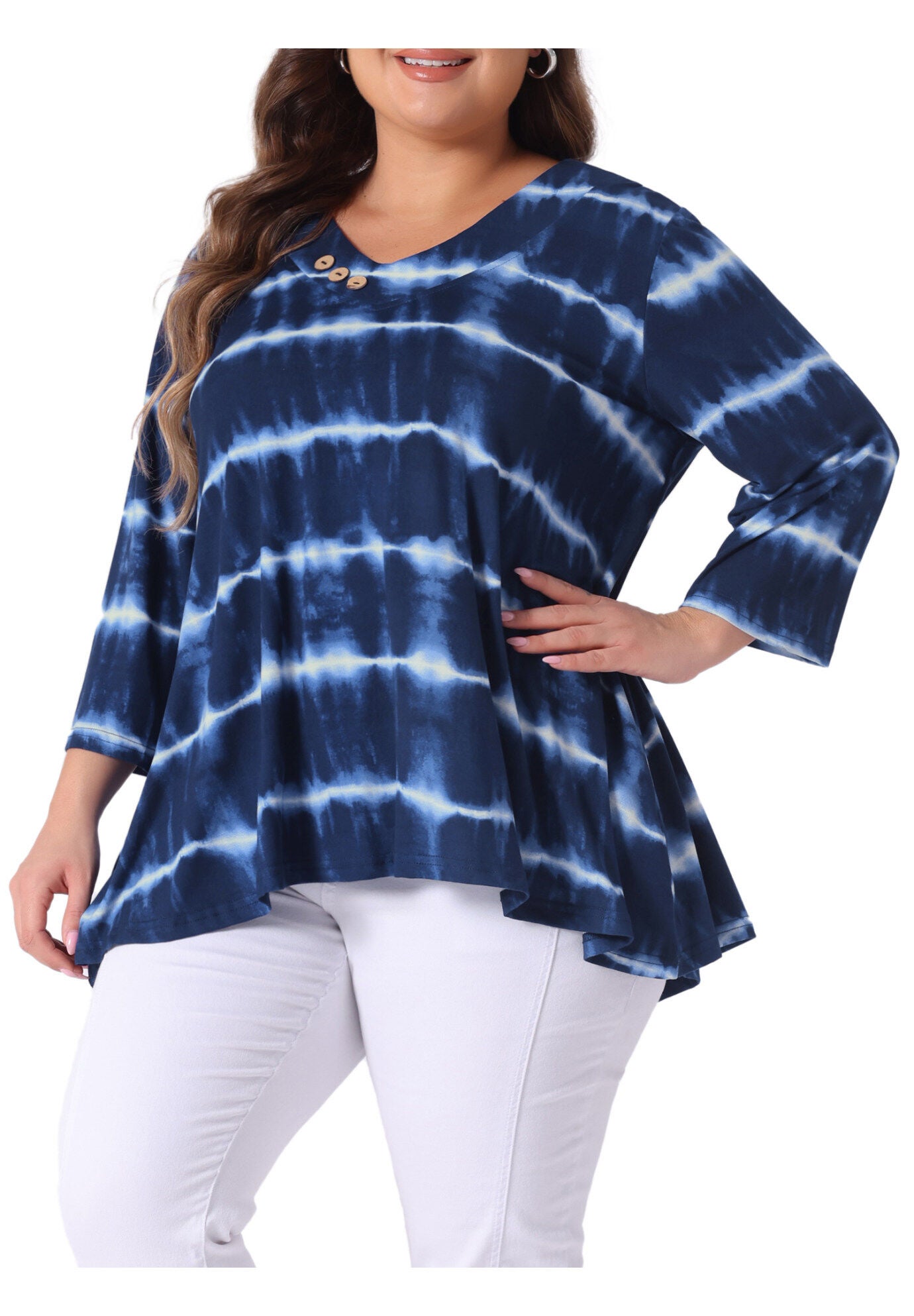 Elbow 3/4 Sleeve Loose Fit Tie Dye Tunic Top, Blue White / White, alternate image number 1