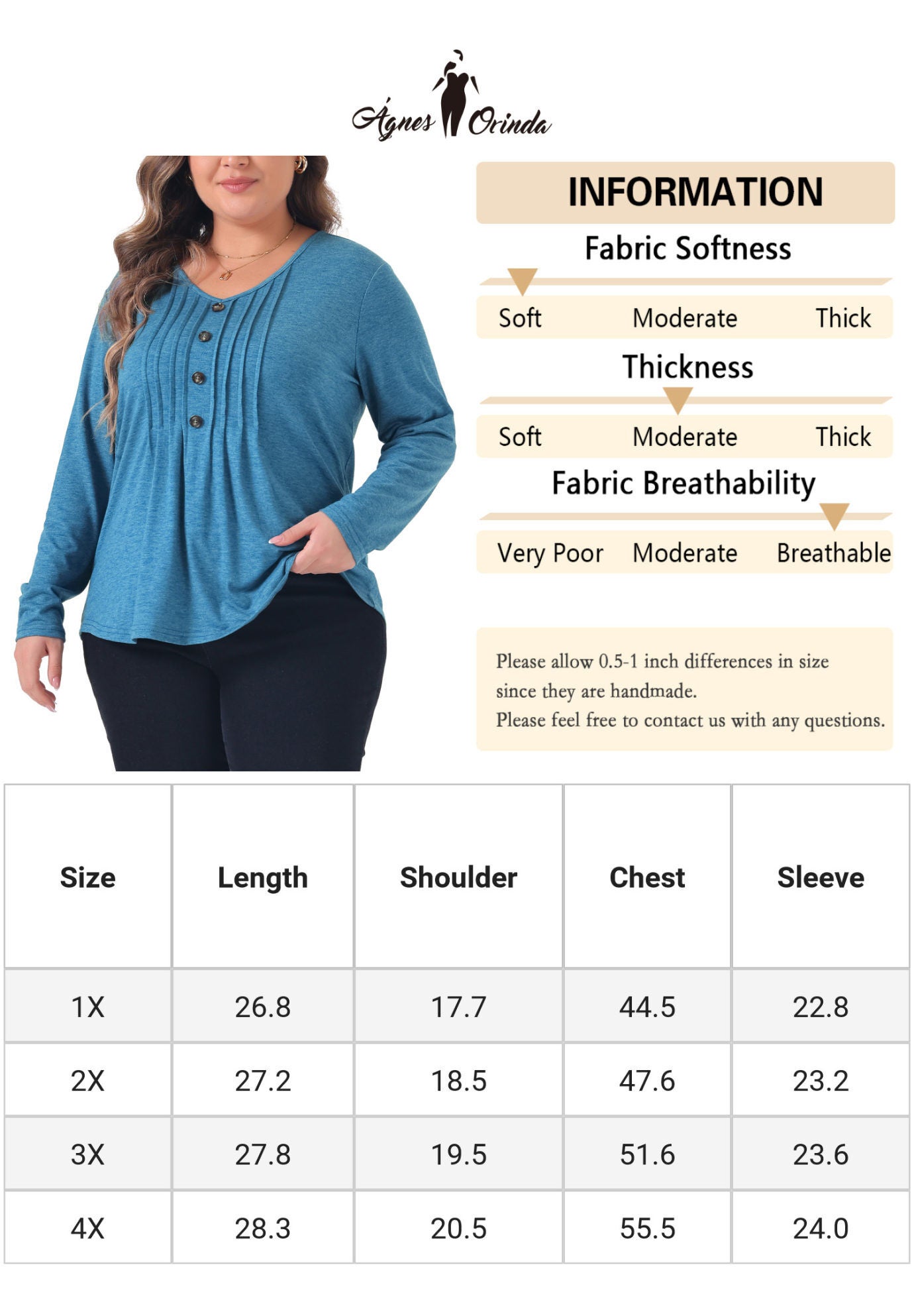 Long Sleeve Pleated Front V Neck Button Blouse, Gray Blue / Azure Blue, alternate image number 4