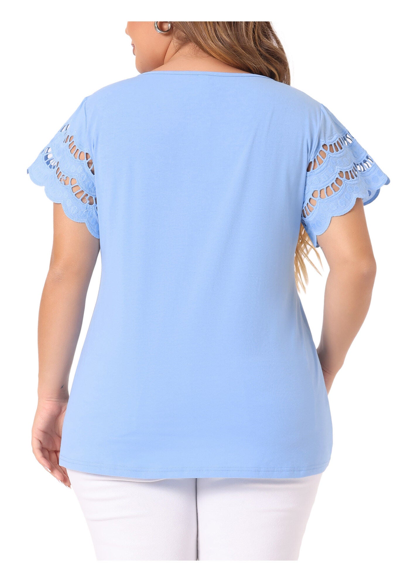 Lace Panel Hollow Short Sleeve Summer Blouse, Blue / Light Blue, alternate image number 4