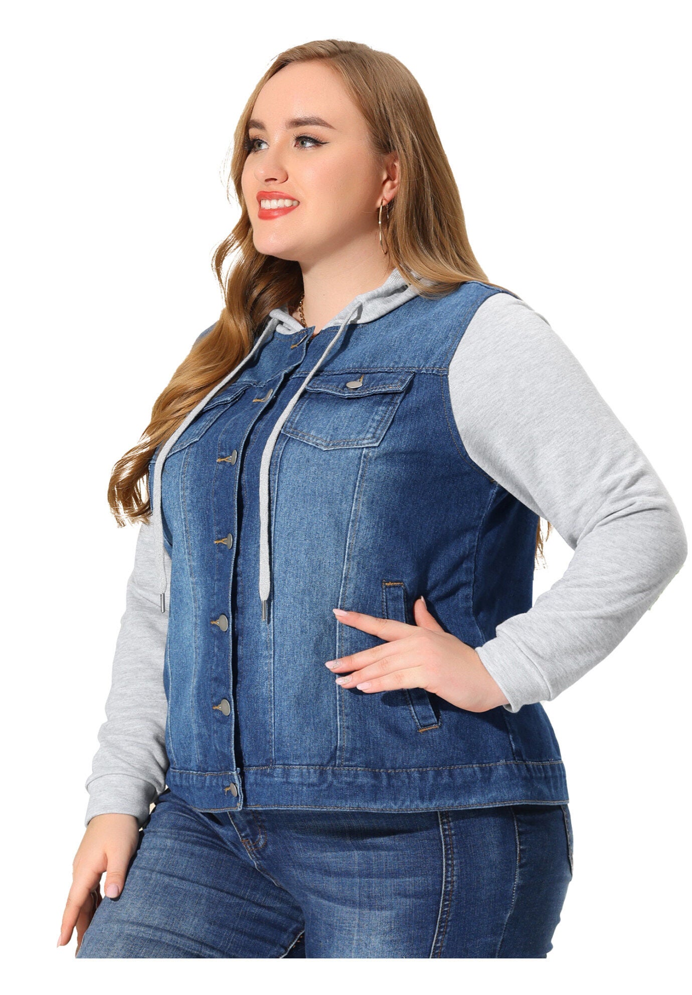 LAYERED DRAWSTRING HOODIE DENIM JEAN JACKET, Dark Blue / Navy, hi-res image number 0