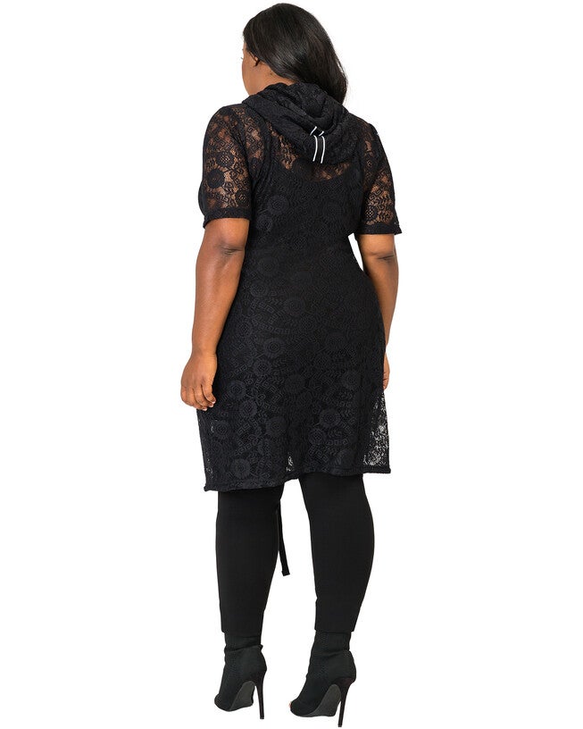 Plus Size Kenny Sheer Lace Zip Up Short Sleeve Hoodie Jacket with Athletic Stripe, Black / Black, alternate image number null