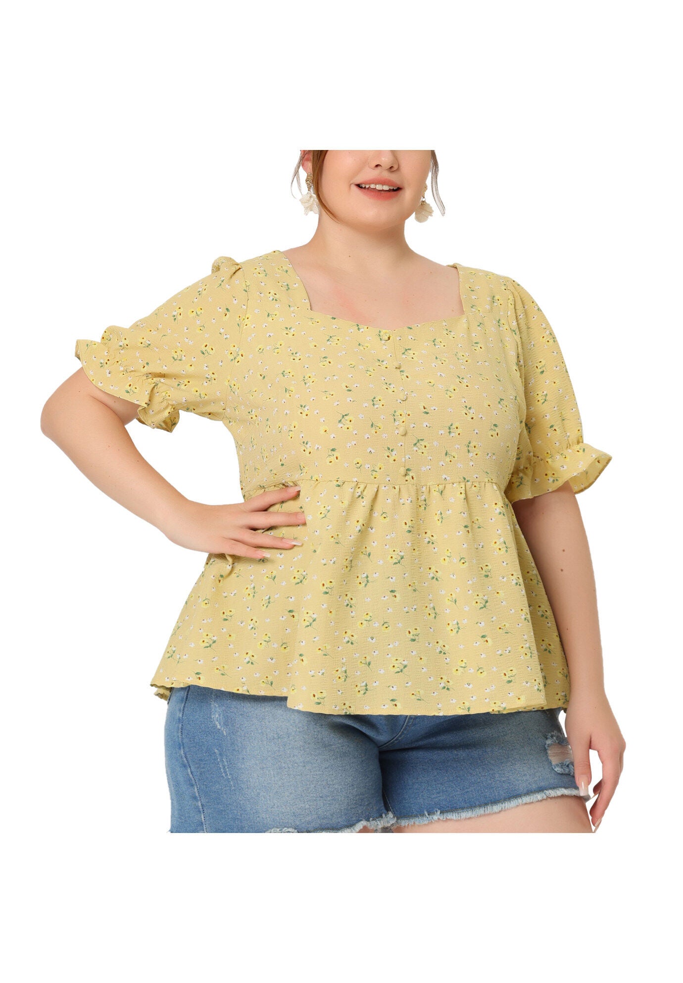 Sweetheart Neck Floral Peplum Top, Yellow / Yellow, alternate image number 2