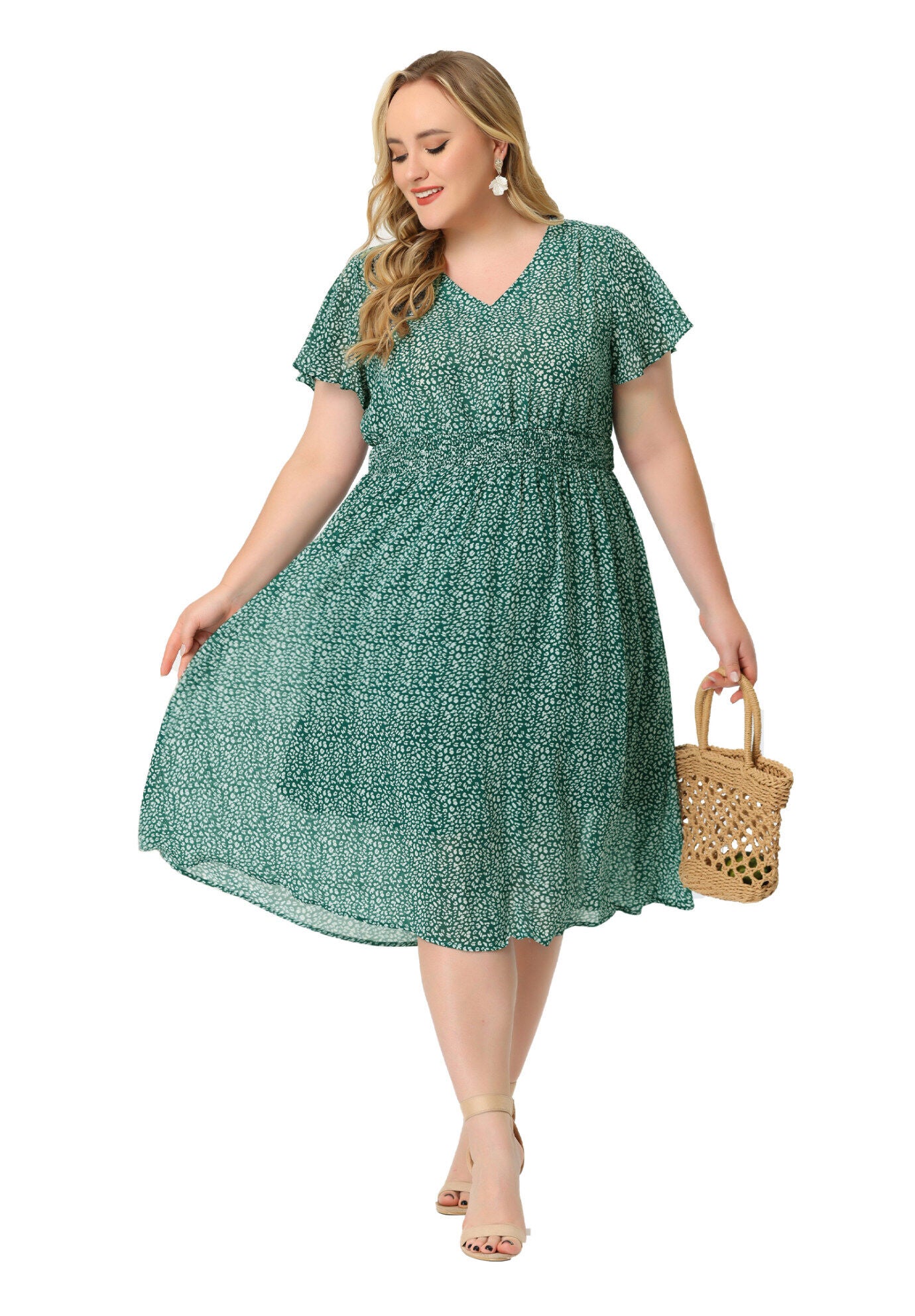 Summer Floral Print V Neck Smocked A-Line Flowy Midi Dress, Green / Hunter Green, hi-res image number 0