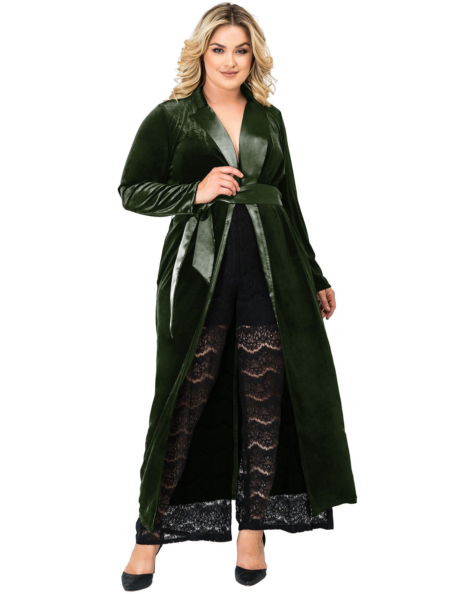 Plus Size Freya Stretch Velvet Wrap Midi Coat Dress With Satin Lapel And Satin Belt, GREEN / Hunter Green, hi-res image number 0