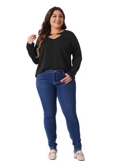 V Neck Long Sleeve Metal Chain Cutout Front T-Shirt Top