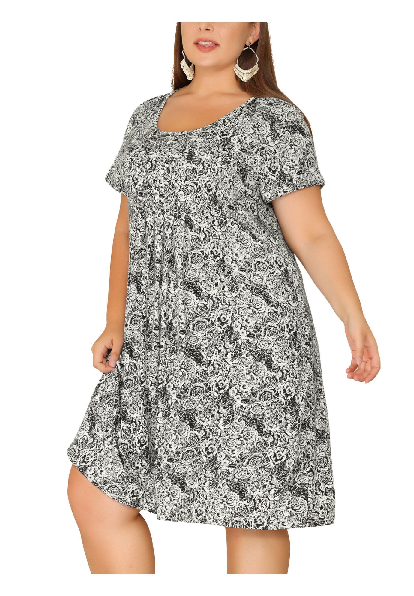 Short Sleeves Pleated Summer Beach Casual Loose Floral Dress, White / White, alternate image number 2