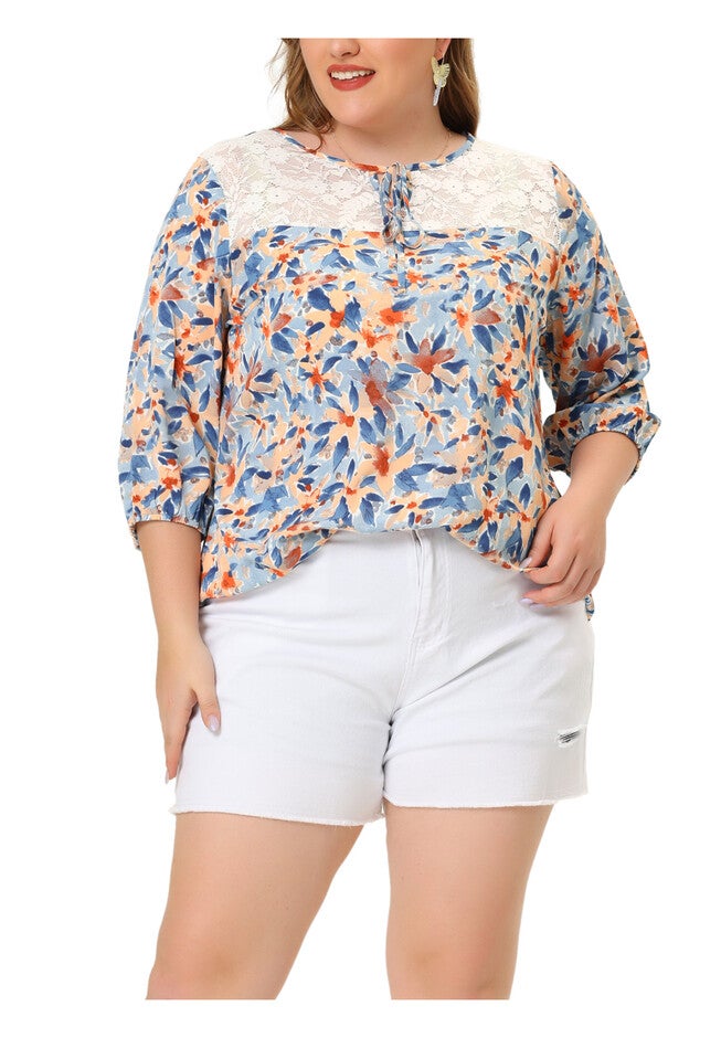 3/4 Sleeve Tie Neck Lace Floral Summer Blouse, Beige / Beige, alternate image number 2