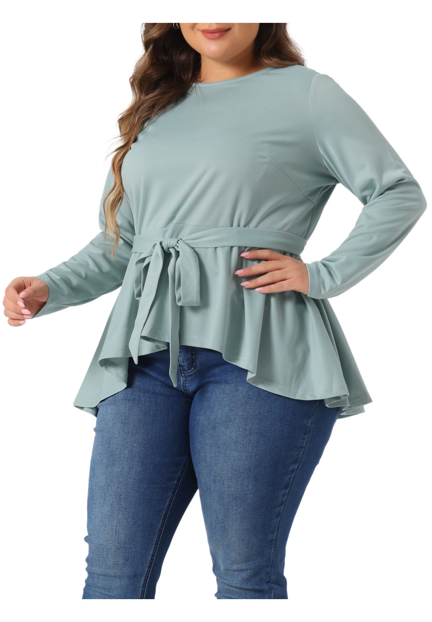 Crew Neck High Low Asymmetrical Irregular Hem Blouse T-Shirt with Belt, Gray Green / Mint, alternate image number 1