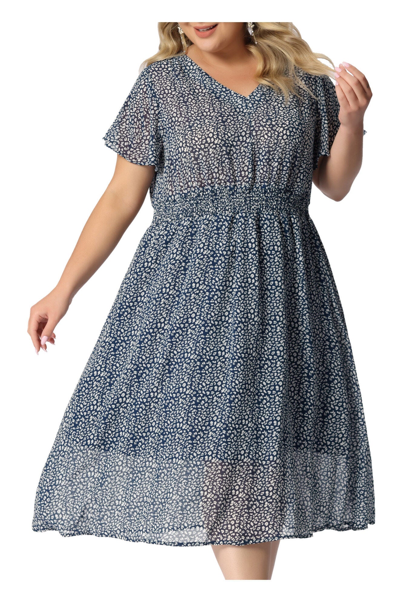 Summer Floral Print V Neck Smocked A-Line Flowy Midi Dress, Dark Blue / Navy, alternate image number 2