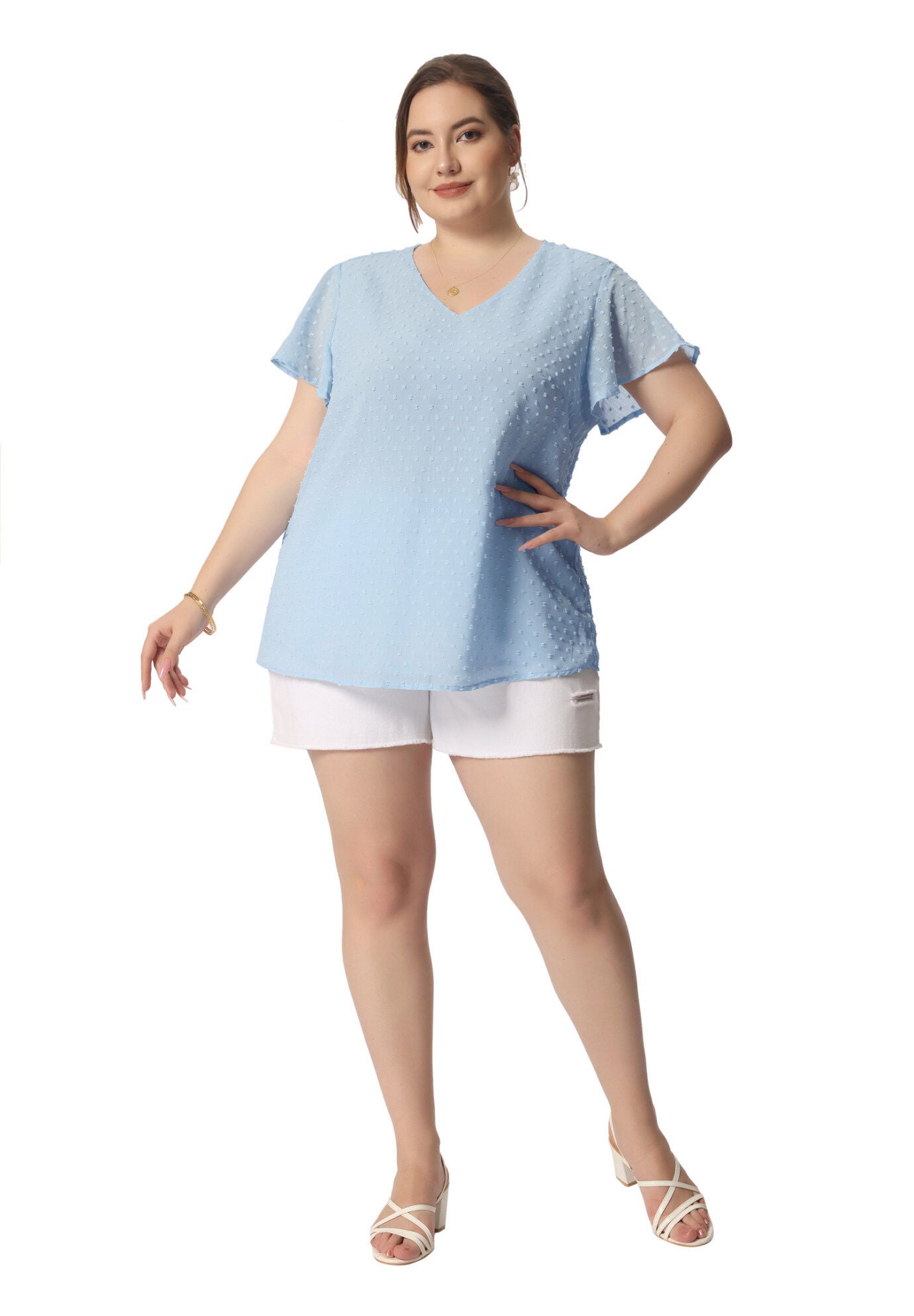 Swiss Dots Blouse V Neck Summer Short Sleeve Casual Top, Sky Blue / Light Blue, hi-res image number 0