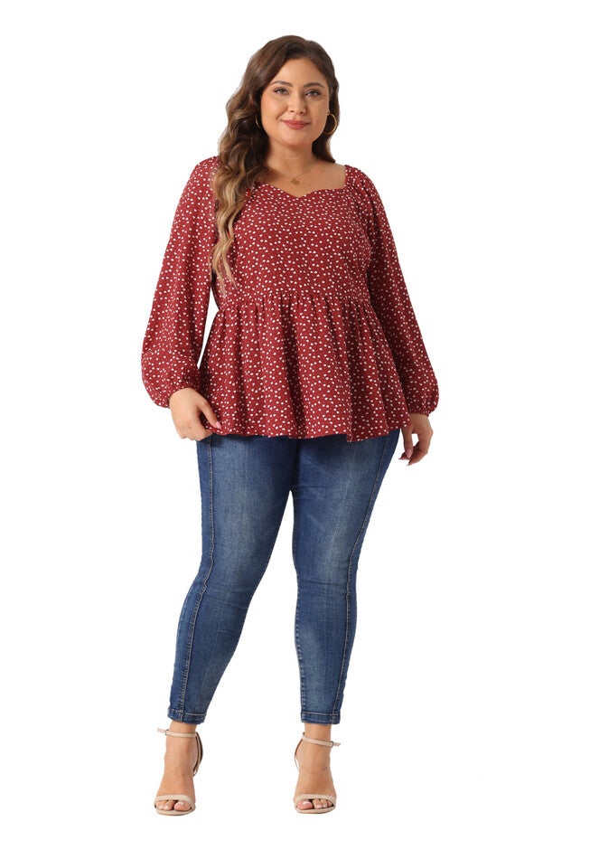 Sweetheart Neck Long Sleeve Printed Peplum Top Blouse, Burgundy / Burgundy, hi-res image number 0