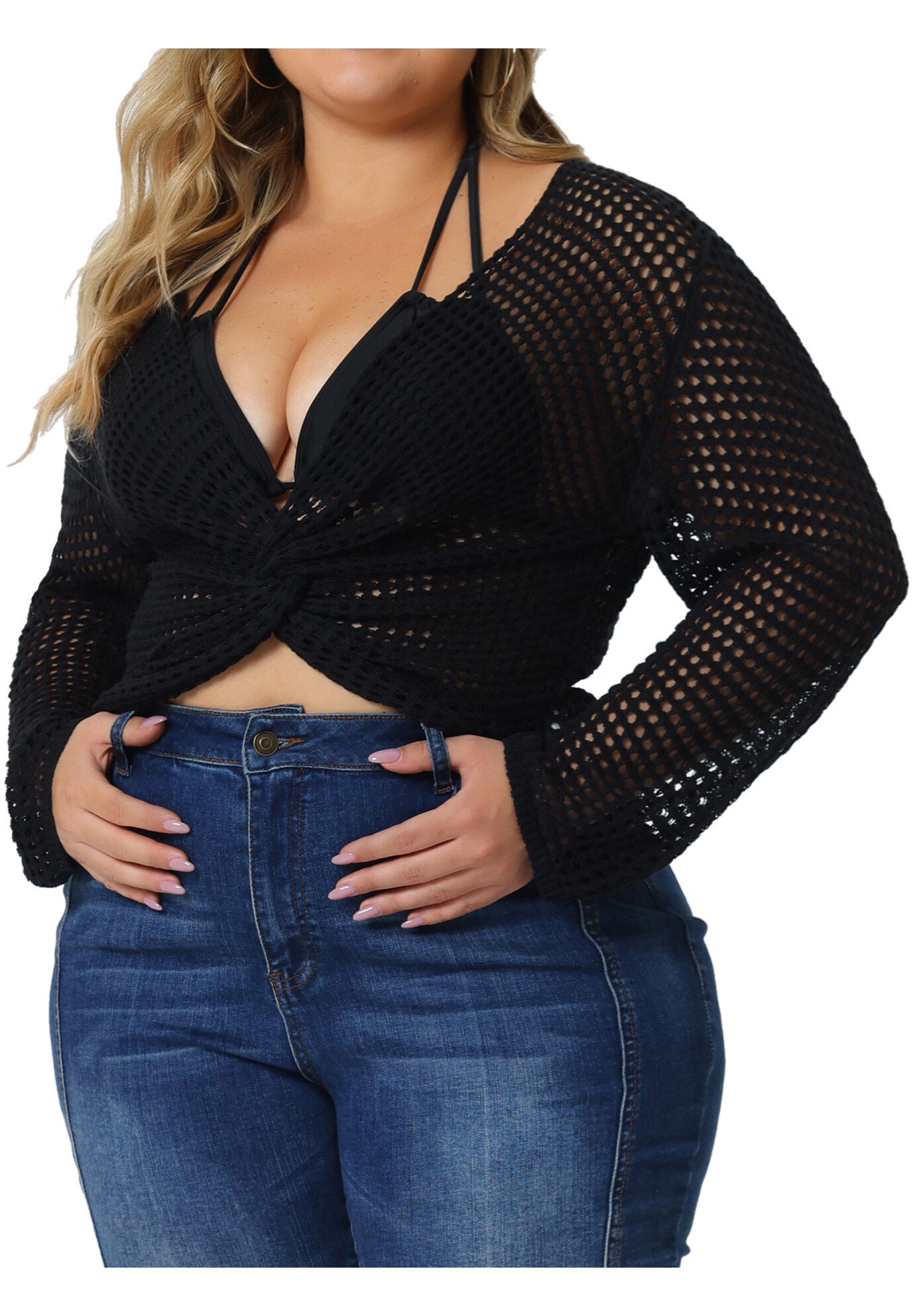 Mesh Crochet Crop Top Hollow Out Knit See Through Cover Up, Black / Black, alternate image number 4