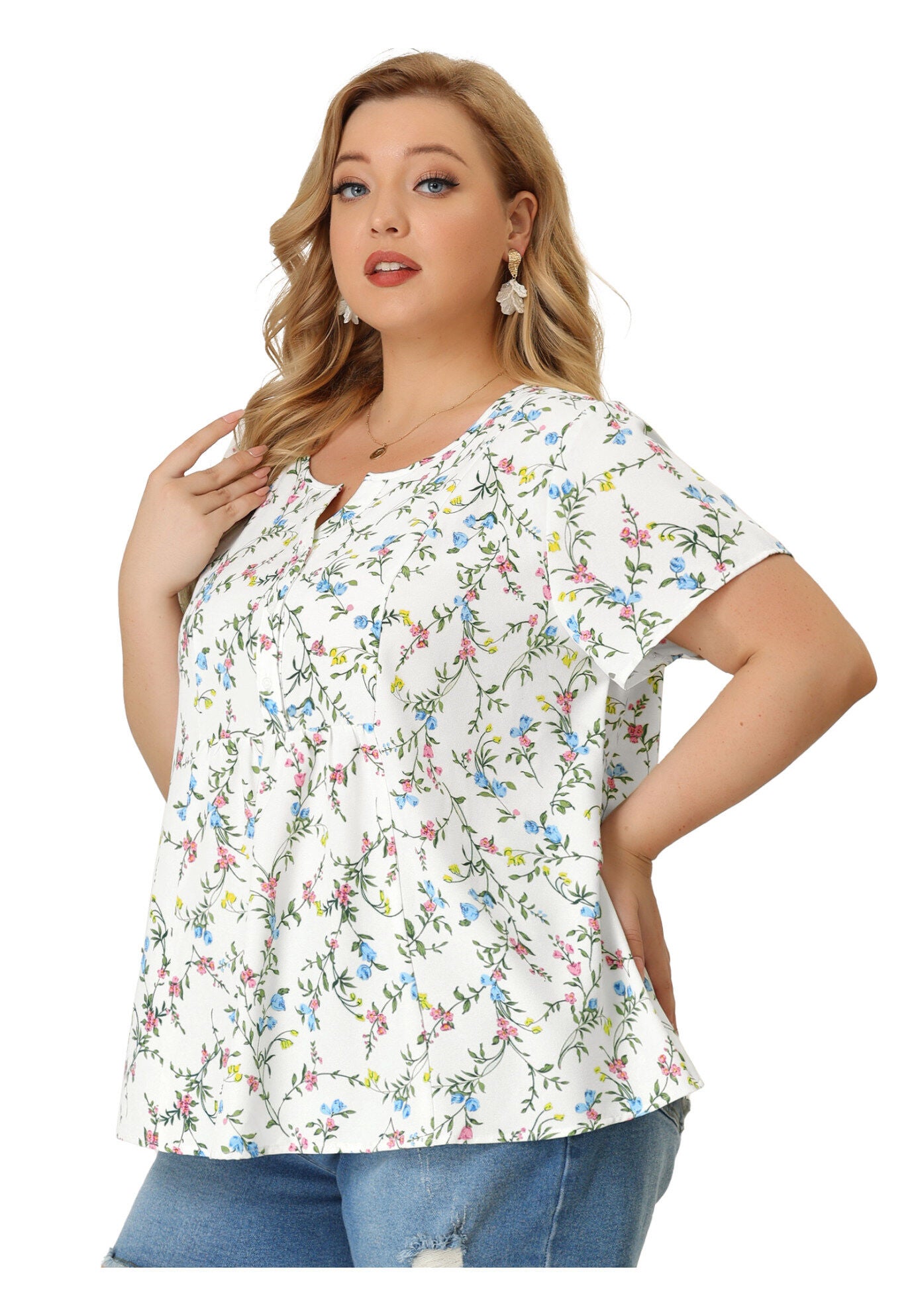 Summer Top Floral Half Placket Short Sleeve Casual Blouse, White / White, alternate image number 3