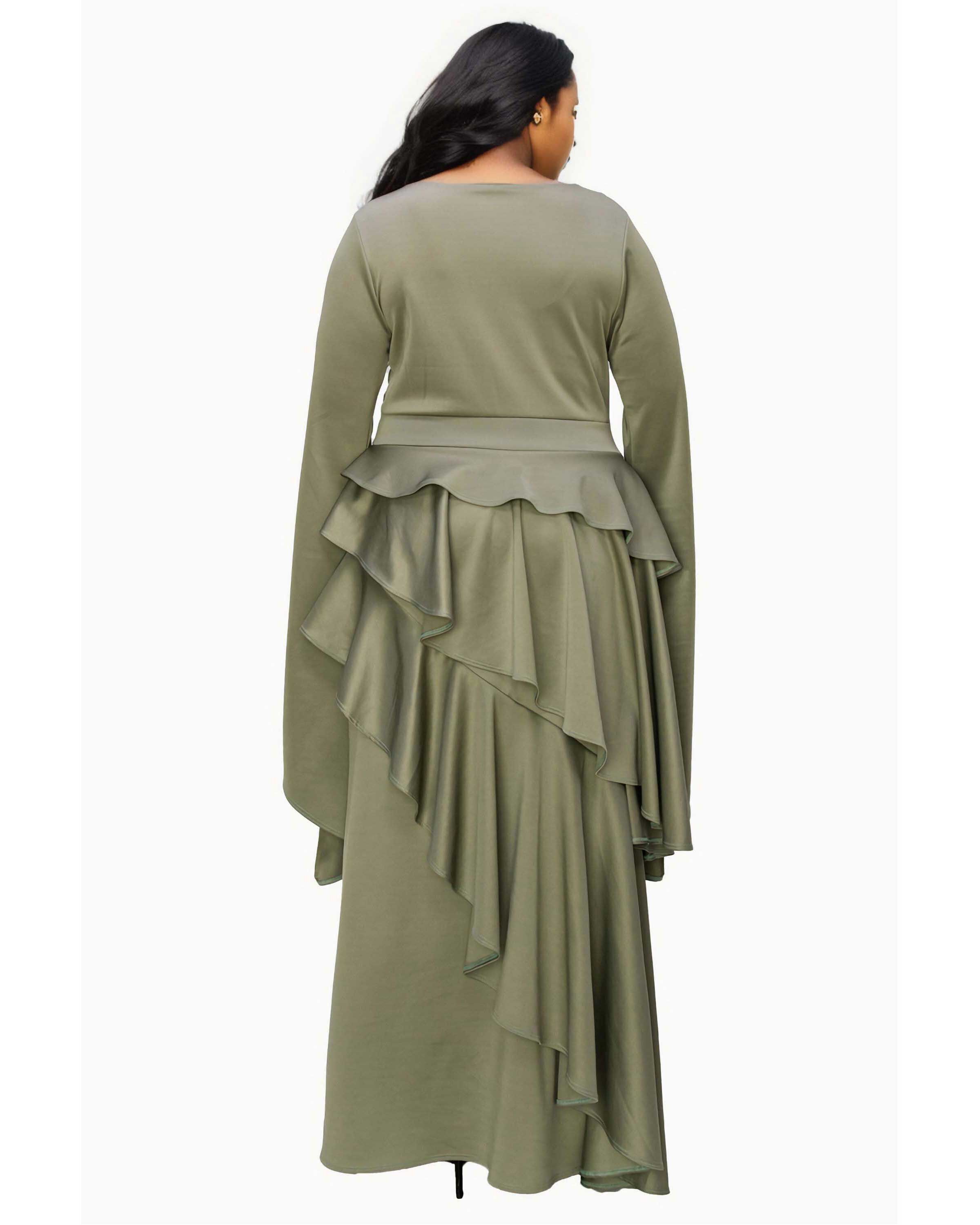 ZETA RUFFLED DRAMA DRESS, Dk Sage / Olive Green, alternate image number 2