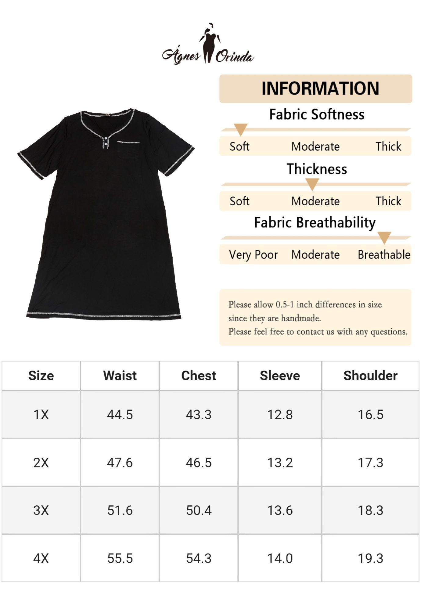 Short Sleeve V Neck Loose Sleepdress, Black / Black, alternate image number 4