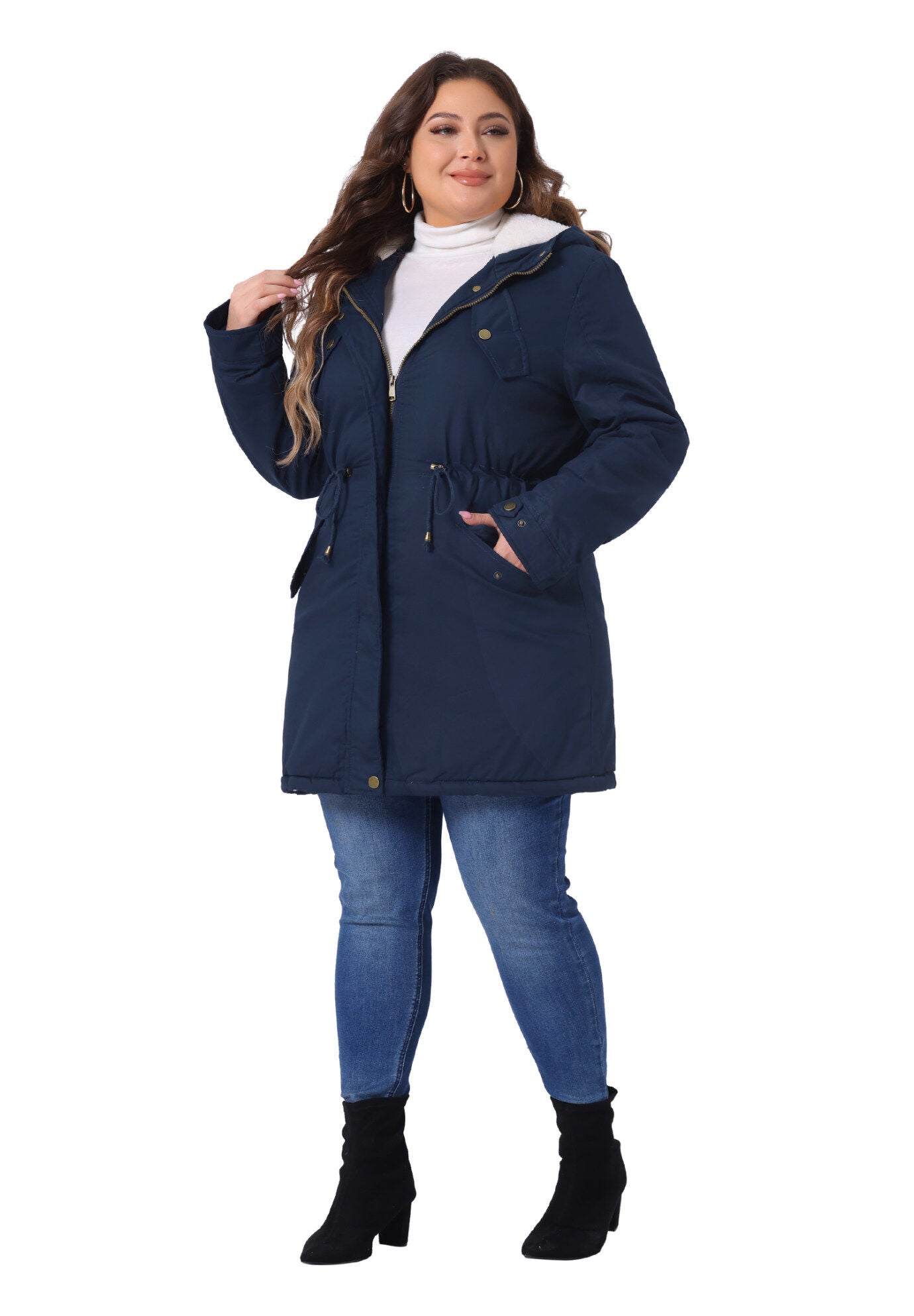 HOODED PARKAS JACKET FAUX FUR LINED LONG ANORAK COAT, Navy Blue / Navy, hi-res image number 0