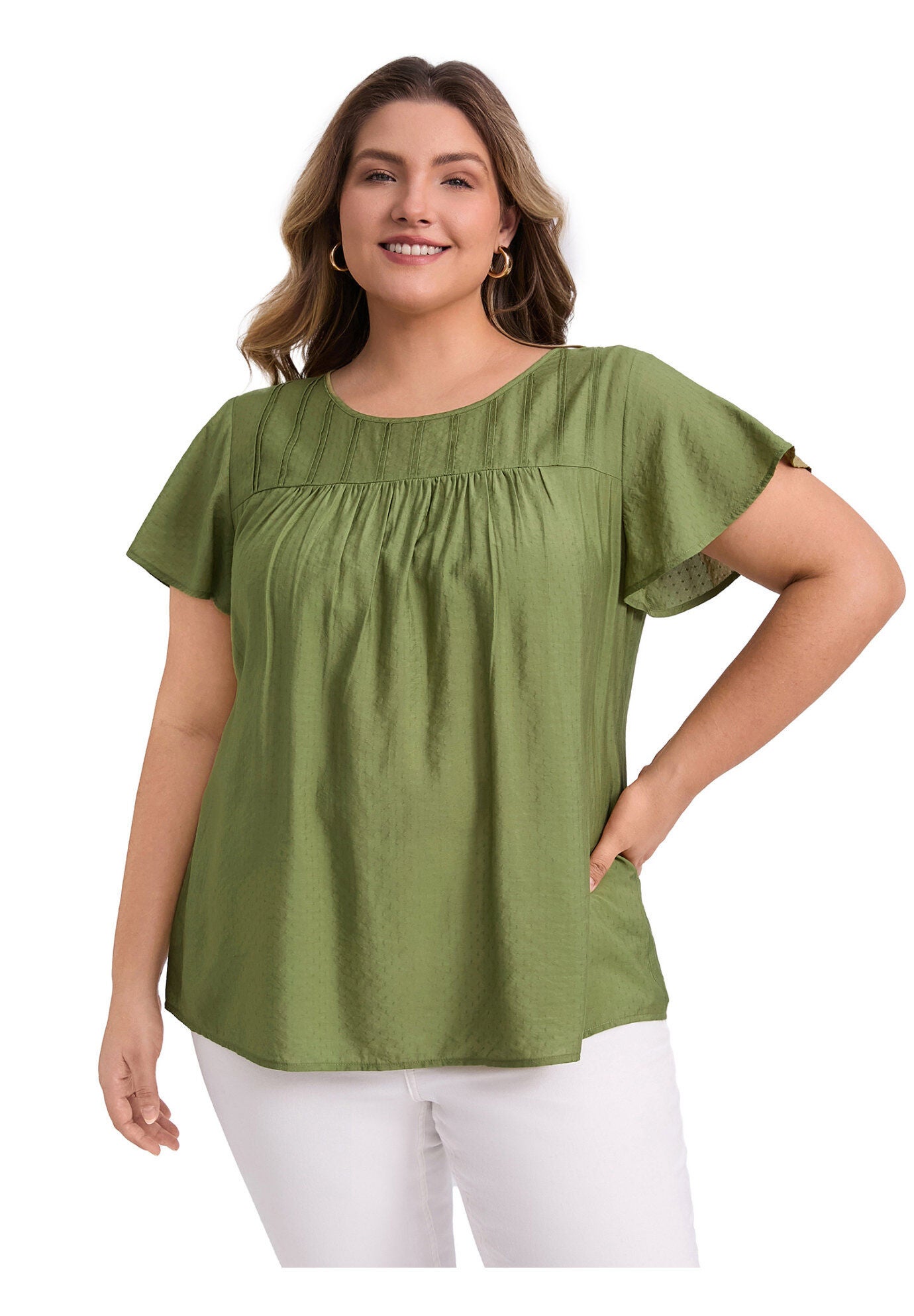 Summer Blouse Texture Ruffle Short Sleeve Toothpick Pleated Top, Olive Green / Olive Green, hi-res image number 0