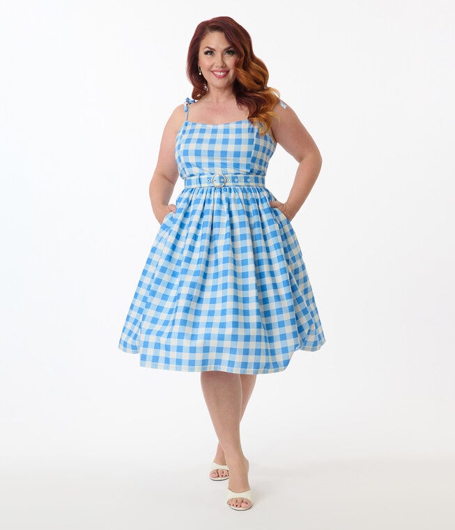 Unique Vintage Plus Size Blue & White Gingham Bobbie Swing Dress, Light Blue / Light Blue, hi-res image number 0