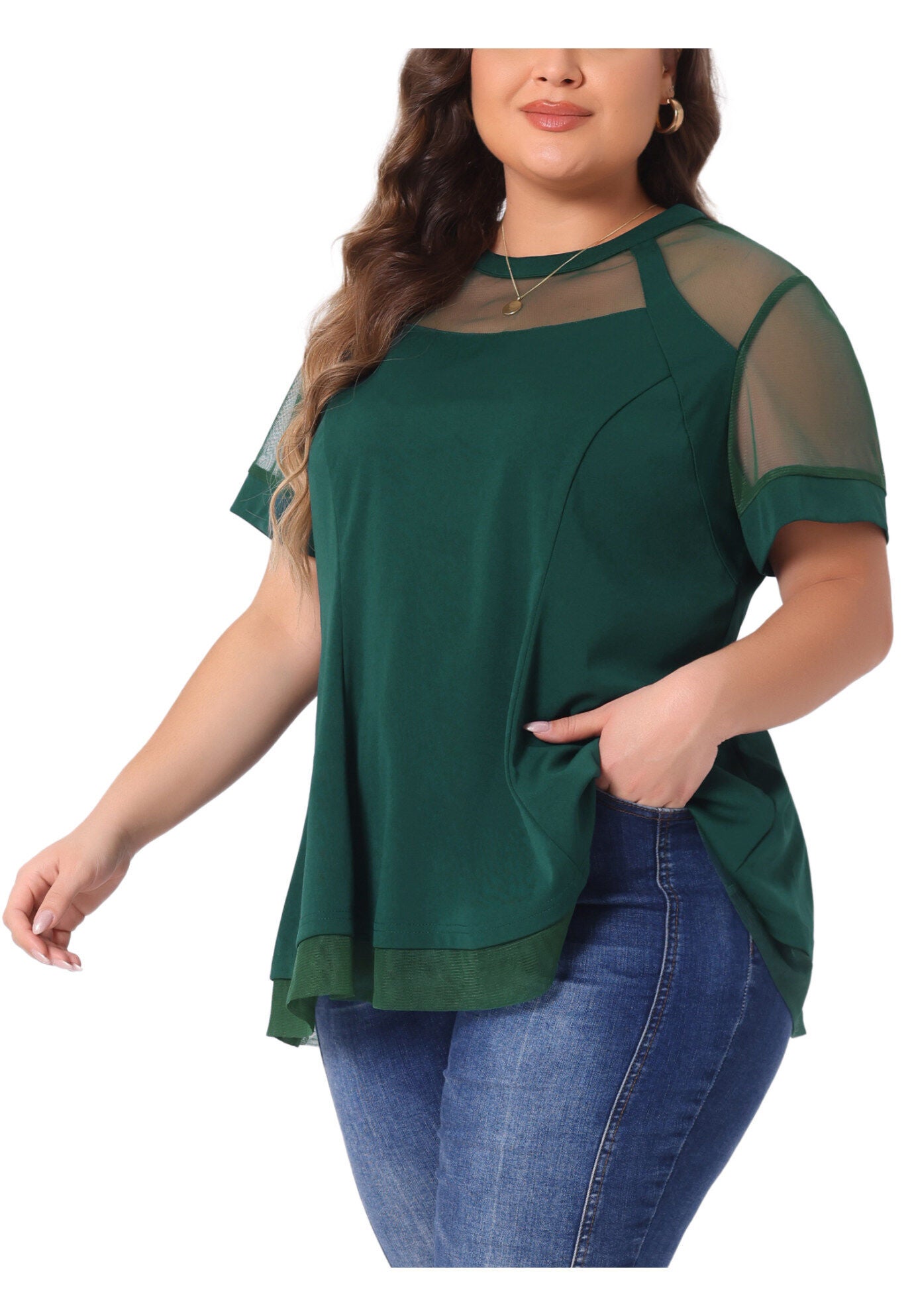ROUND NECK SHORT SLEEVE MESH SHEER SUMMER PEPLUM TOP, Dark Green / Forest Green, alternate image number 1