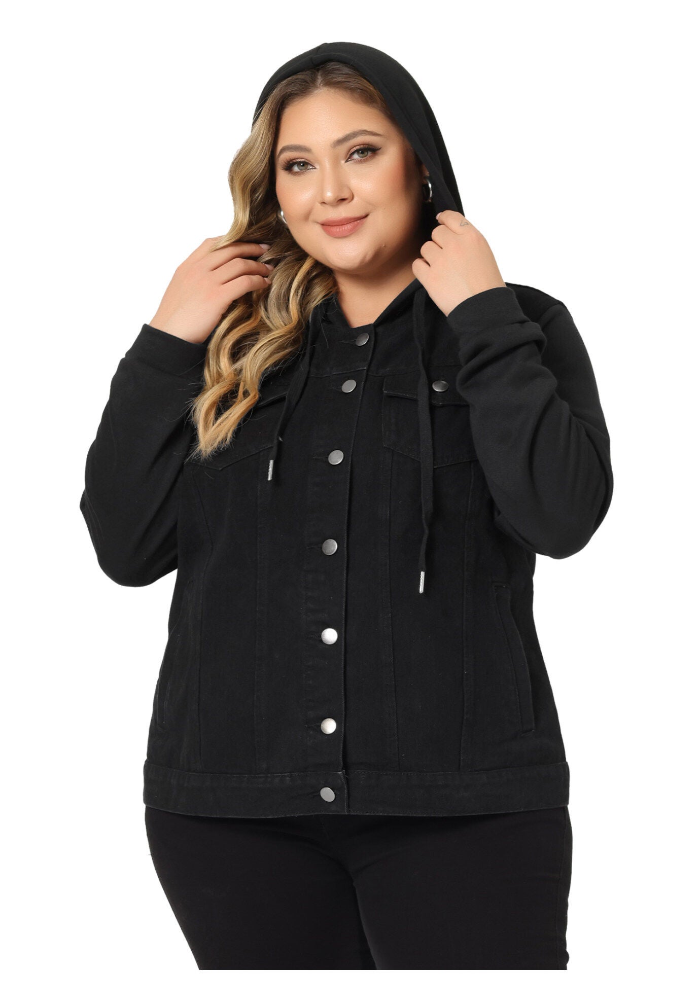 LAYERED DRAWSTRING HOODIE DENIM JEAN JACKET, Dark Black / Black, alternate image number 2