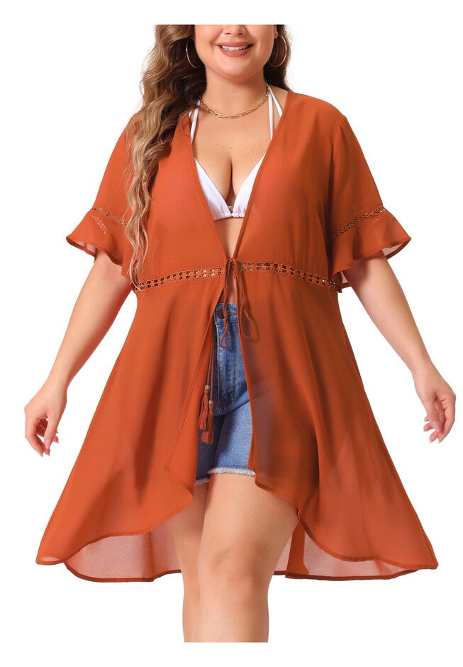 BIKINI COVER UP SHORT SLEEVE TASSEL TIE WAIST KIMONO, Caramel / Brown, alternate image number 2