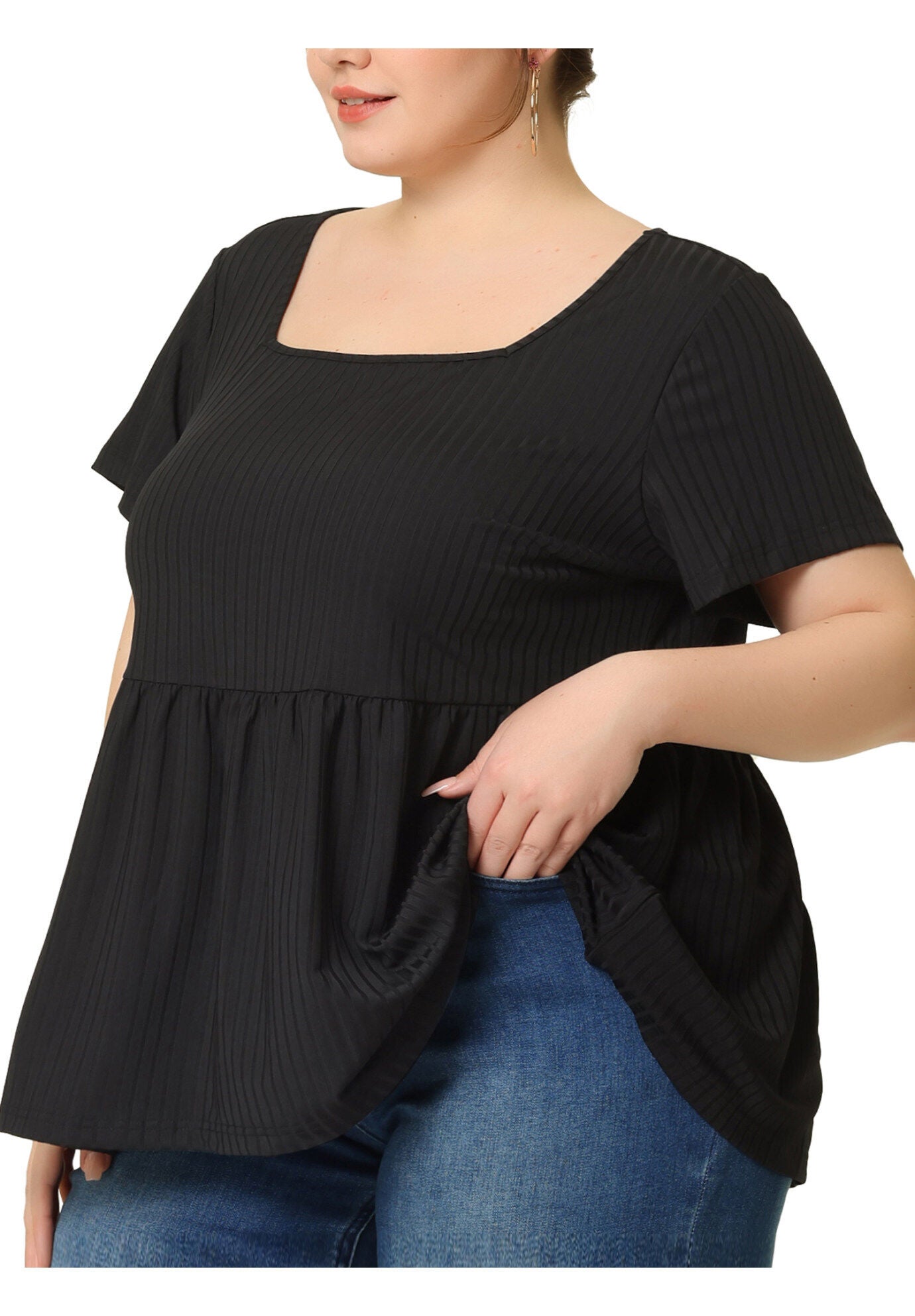 Babydoll Top Summer Peplum Short Sleeve Summer Oversized Tunic Blouse, Black / Black, alternate image number 2