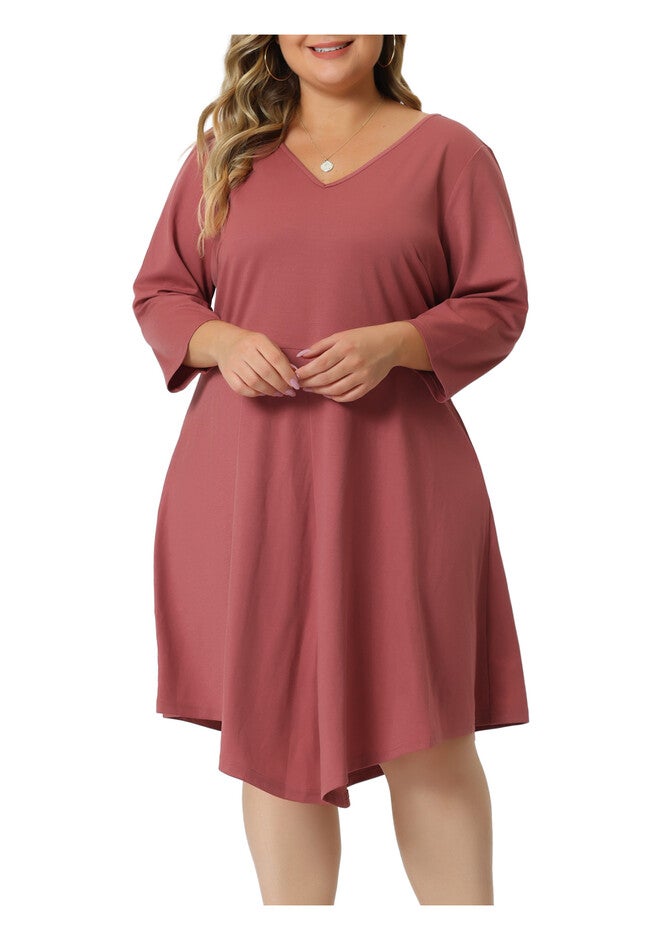 V Neck 3/4 Sleeve Swing Loose A-Line Midi Dress, Pink / Coral, alternate image number null