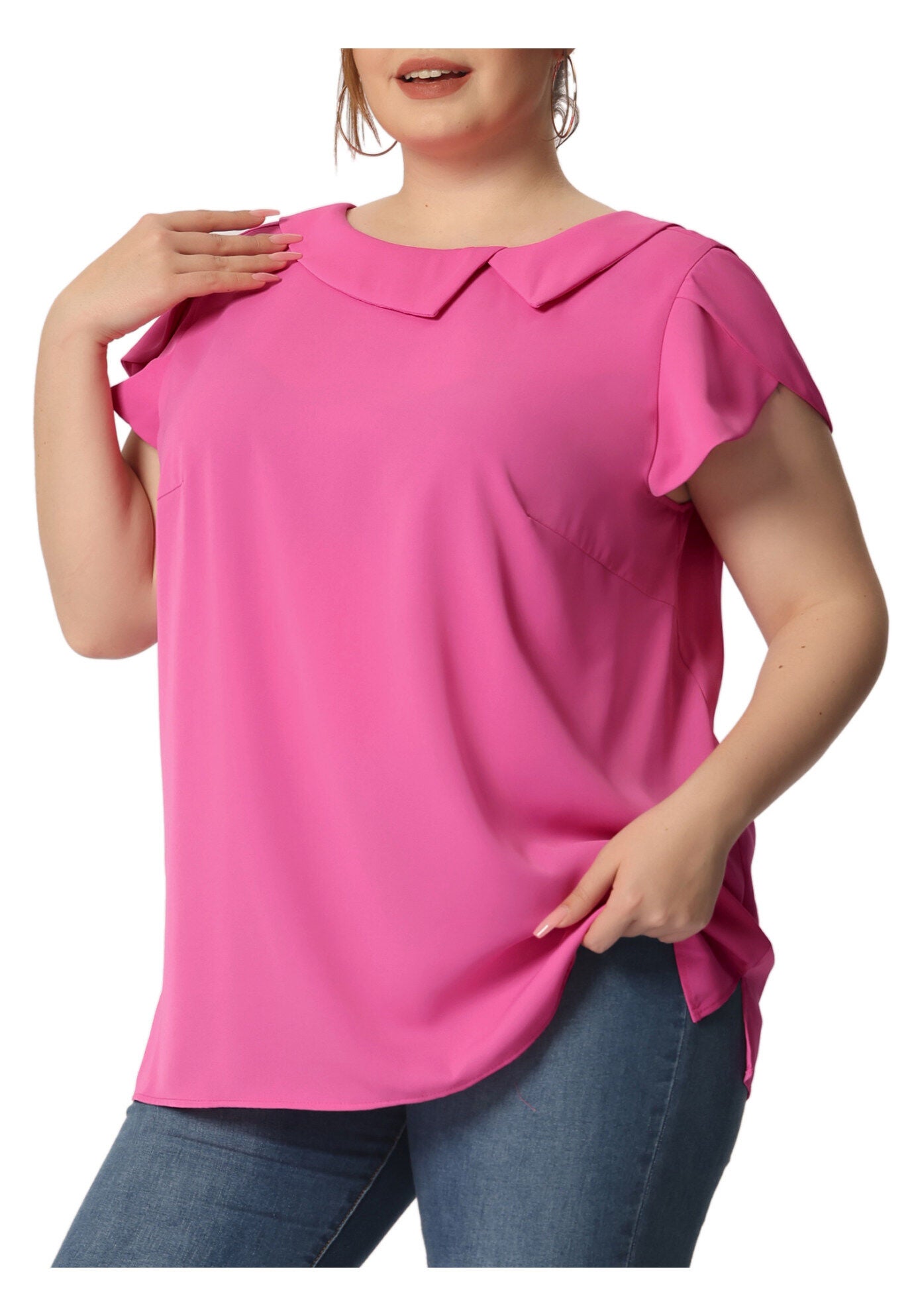 BOAT NECK FLUTTER SLEEVE CHIFFON TOP, Hot Pink / Pink, alternate image number 1