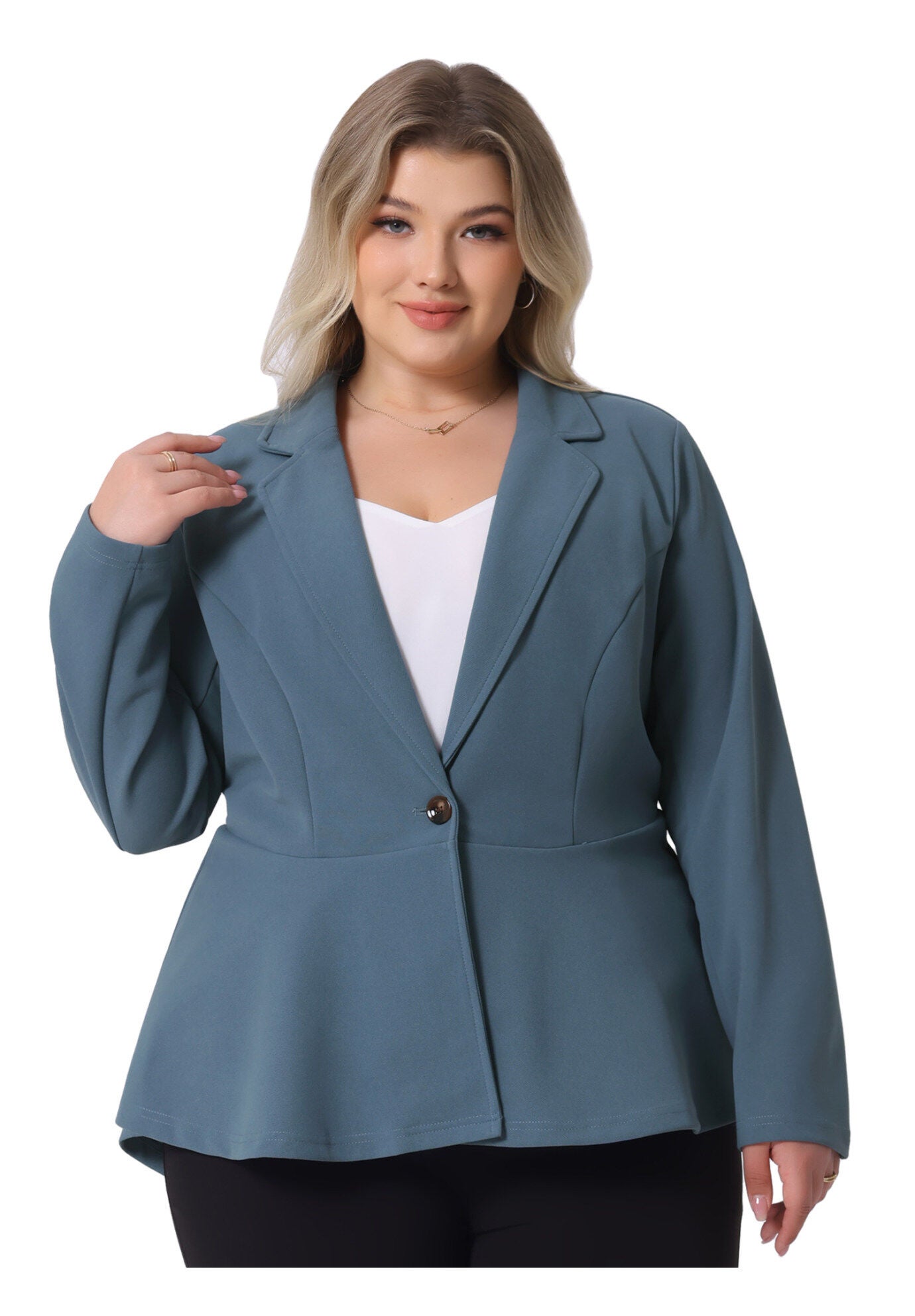 RUFFLE V NECK BUTTON NOTCH PANEL PEPLUM BLAZER, Grey Blue / Dusty Blue, alternate image number 2
