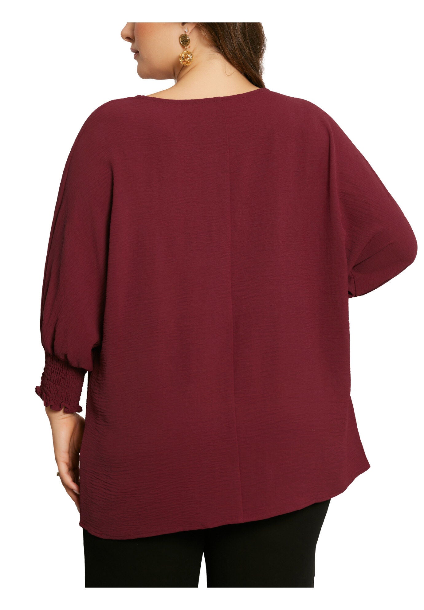 Chiffon Top Batwing Ruffle Long Sleeve Loose T-Shirt Blouse, Burgundy / Burgundy, alternate image number 3