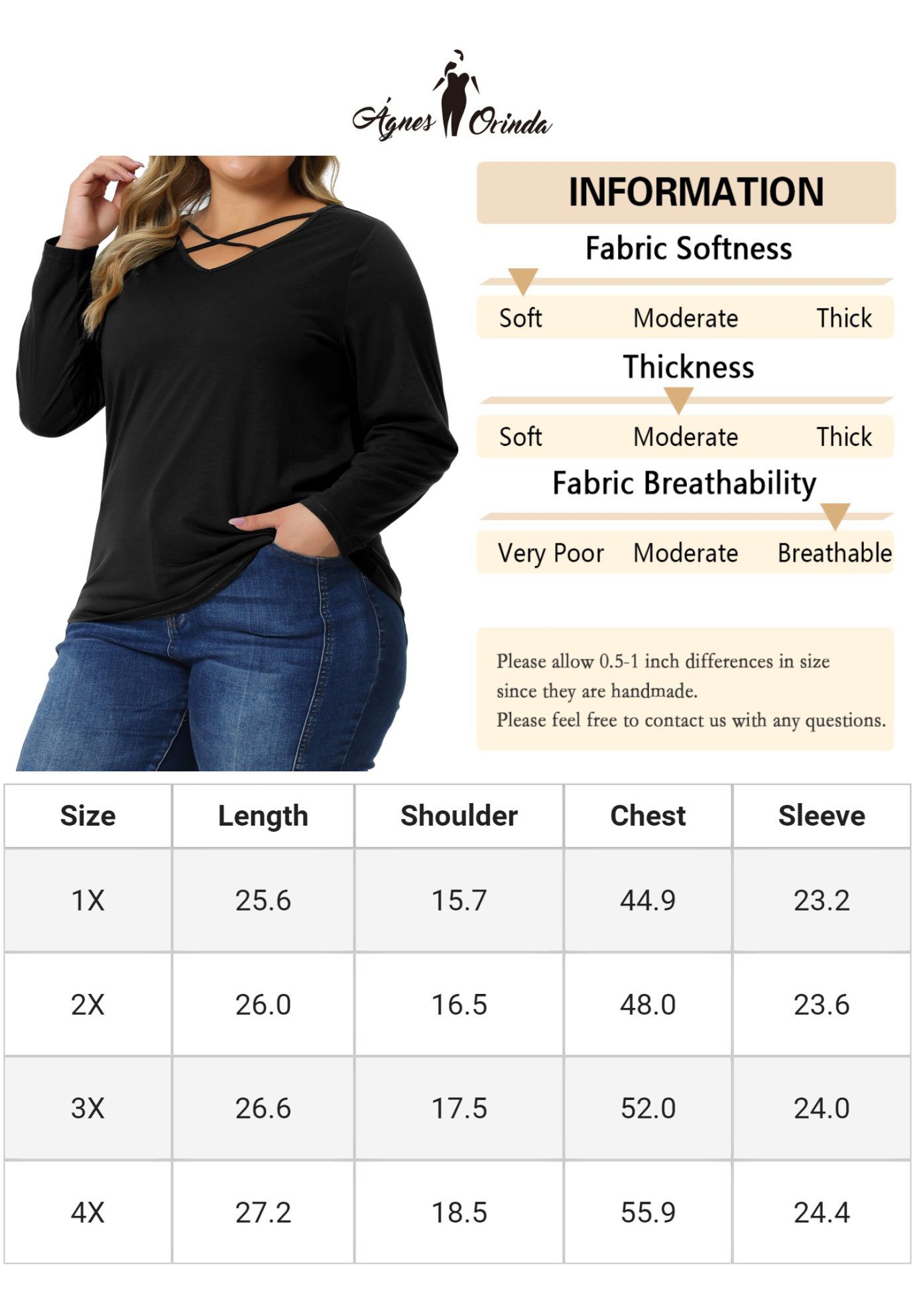 CROSS V NECK LONG SLEEVES T-SHIRT TOP, Black / Black, alternate image number 4