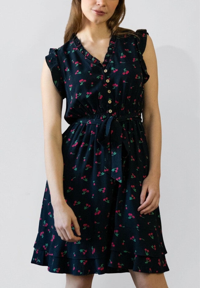 Annick - Natasha Cherry Print Short Dress Self Belt Pockets Ruffle Trim, Black / Black, hi-res image number null