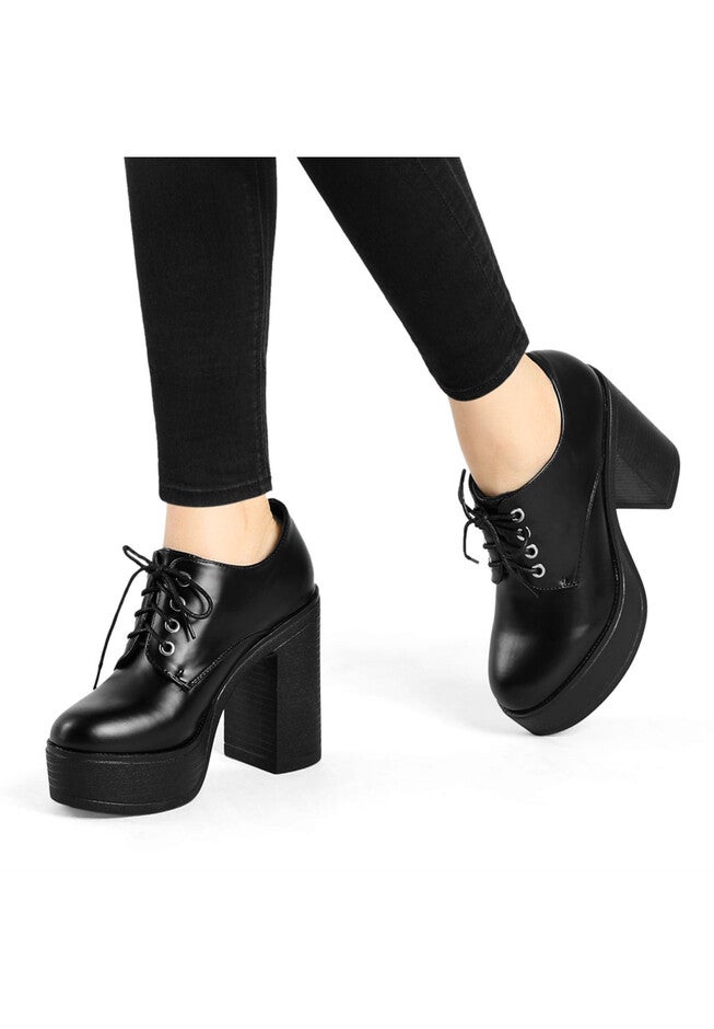 PLATFORM LACE UP CHUNKY HEEL BOOTIES, Black / Black, alternate image number 1