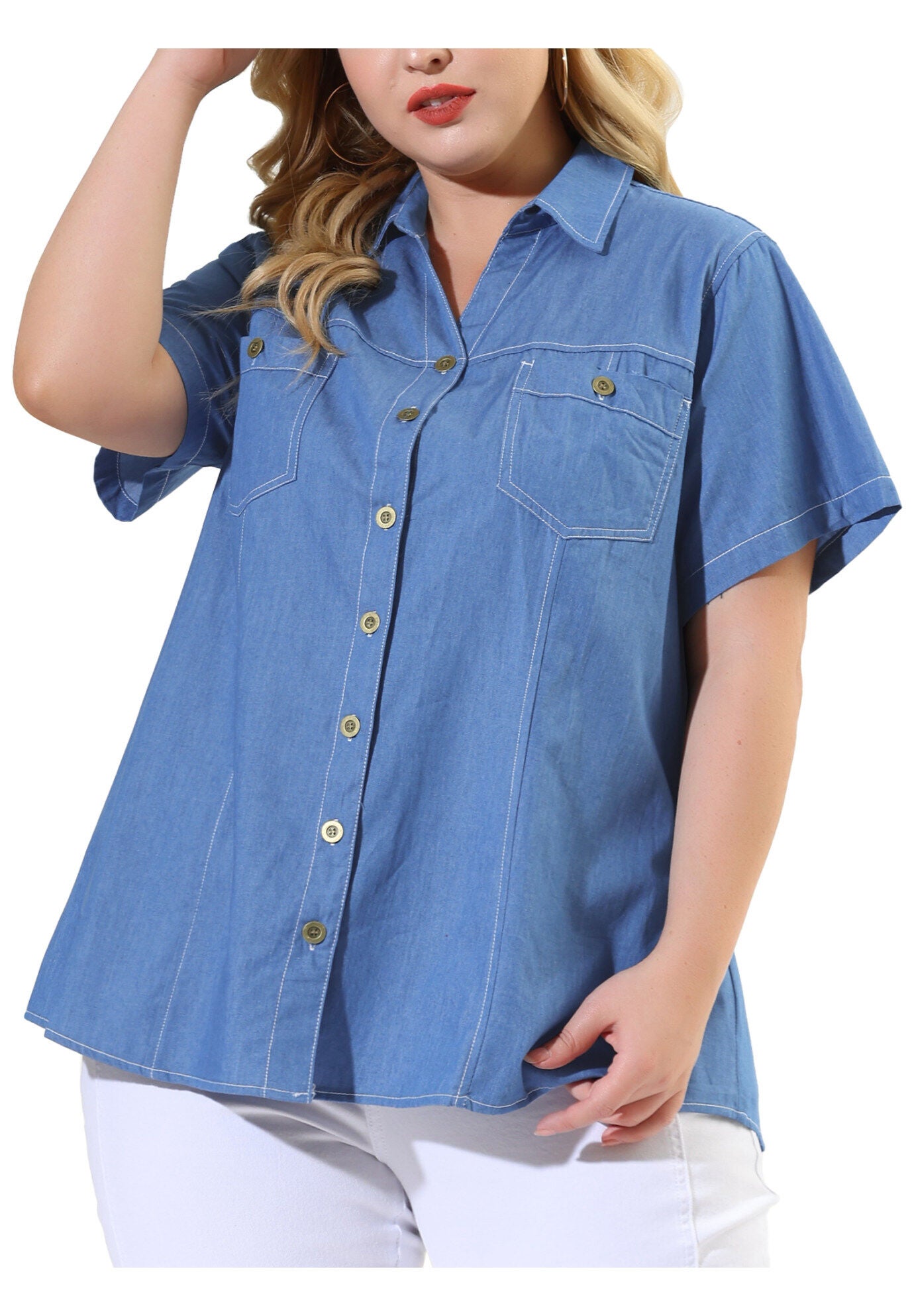 Short Sleeve Chambray Button Down Denim Shirt, Sky Blue / Light Blue, alternate image number 1