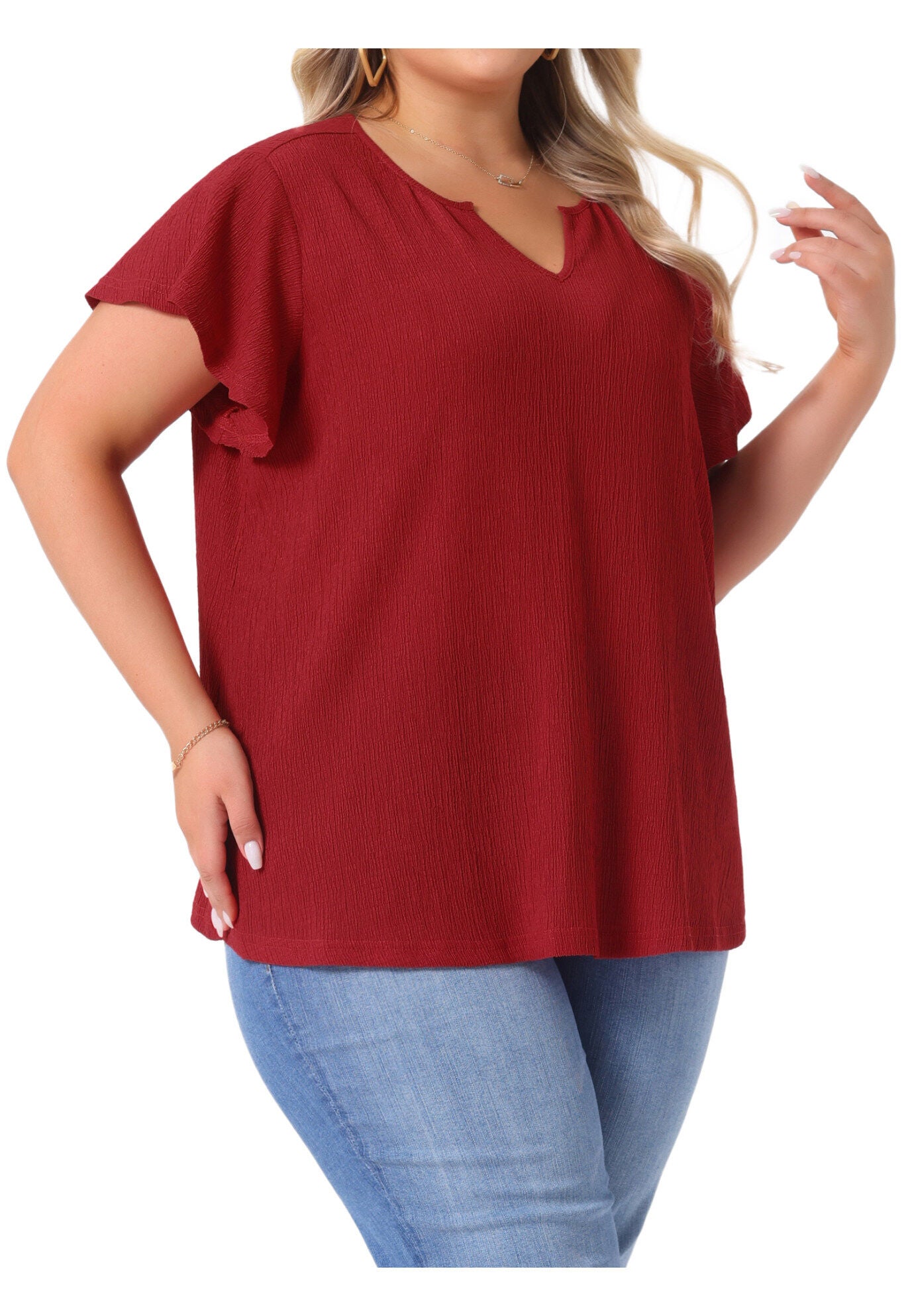 V Neck Ruffle Short Sleeve Summer Blouse, Red / Red, alternate image number 1