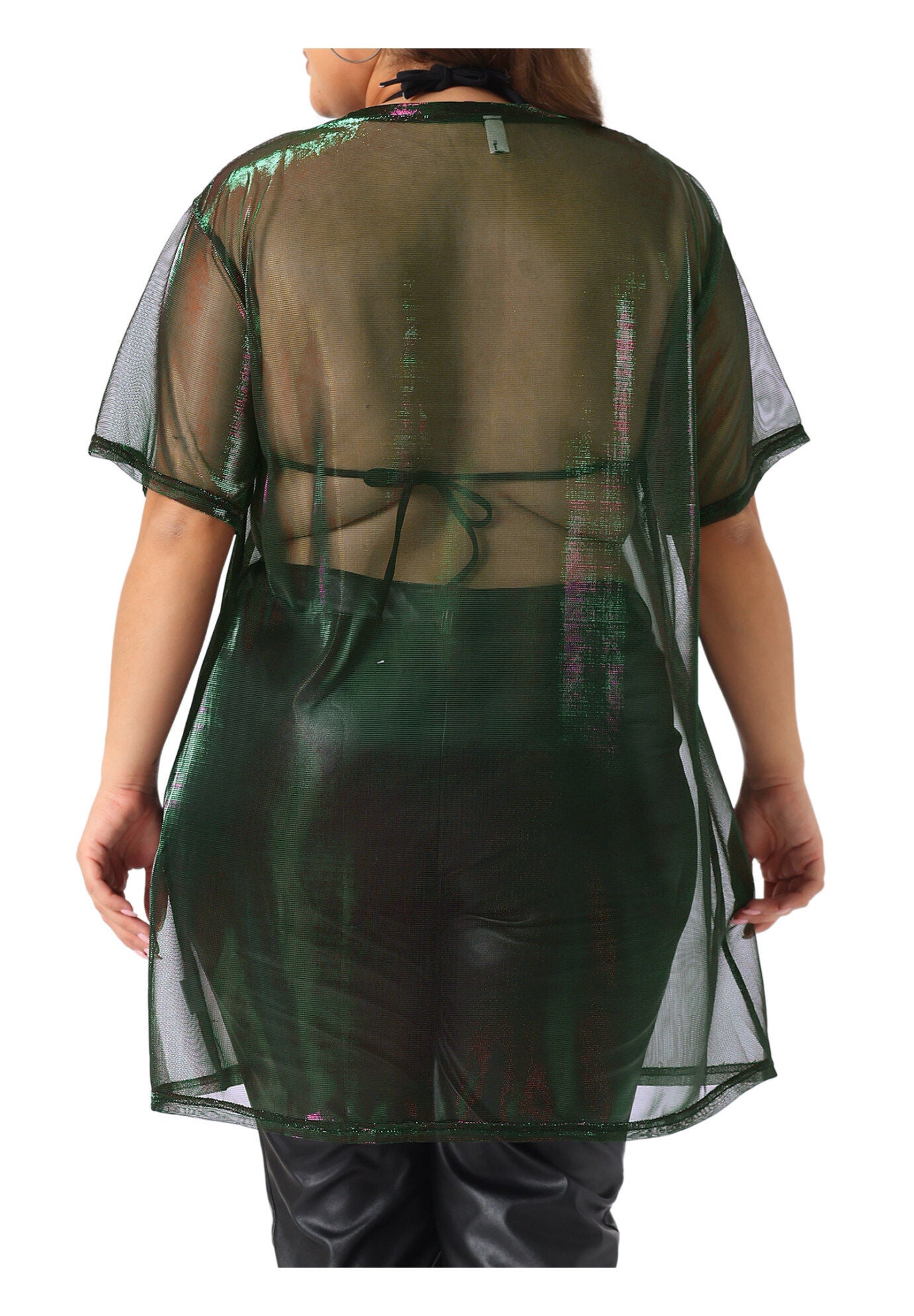 Sheer Mesh Top See Through Holographic Long Tee, Purple Green / Purple, alternate image number 3
