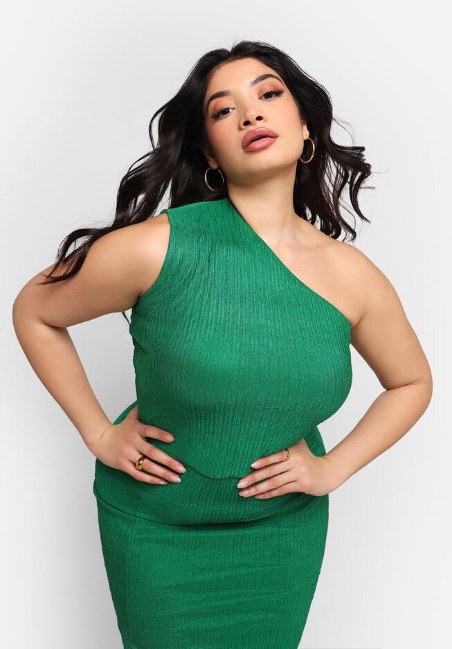 Francesca Textured One Shoulder Midi Bodycon Dress W. Slit, Green / Kelly Green, alternate image number 3