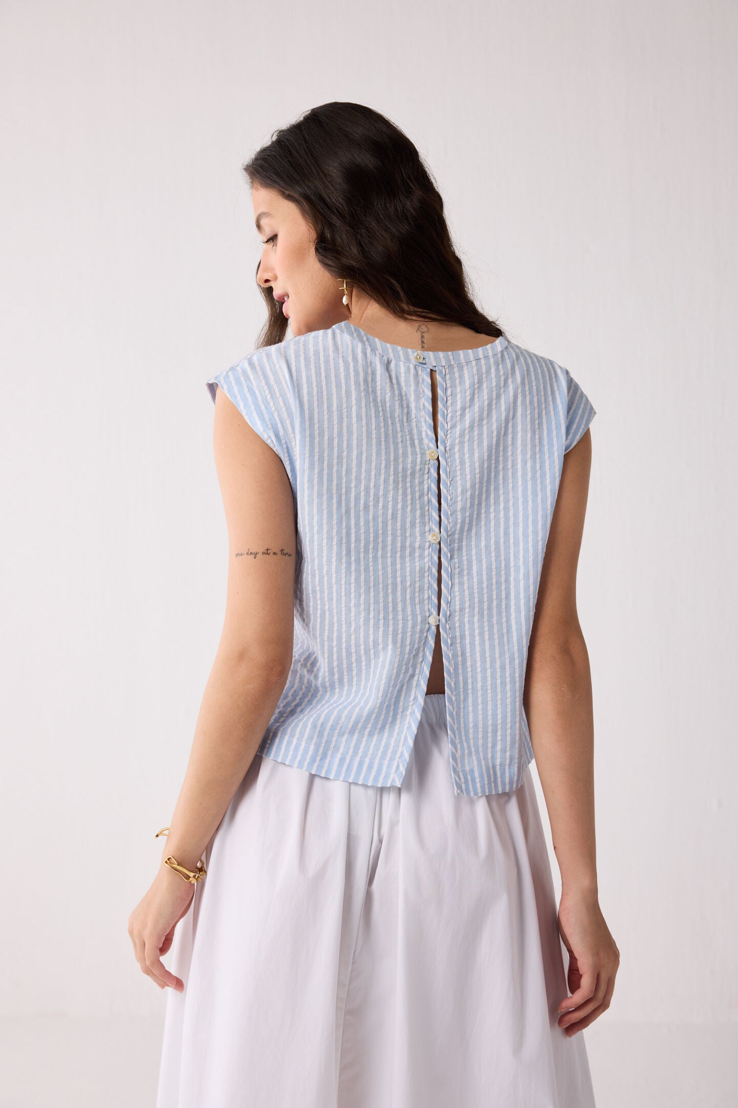 Button-Back Crew Neck Top in Blue Stripes, Cloudline / Light Blue, alternate image number 1