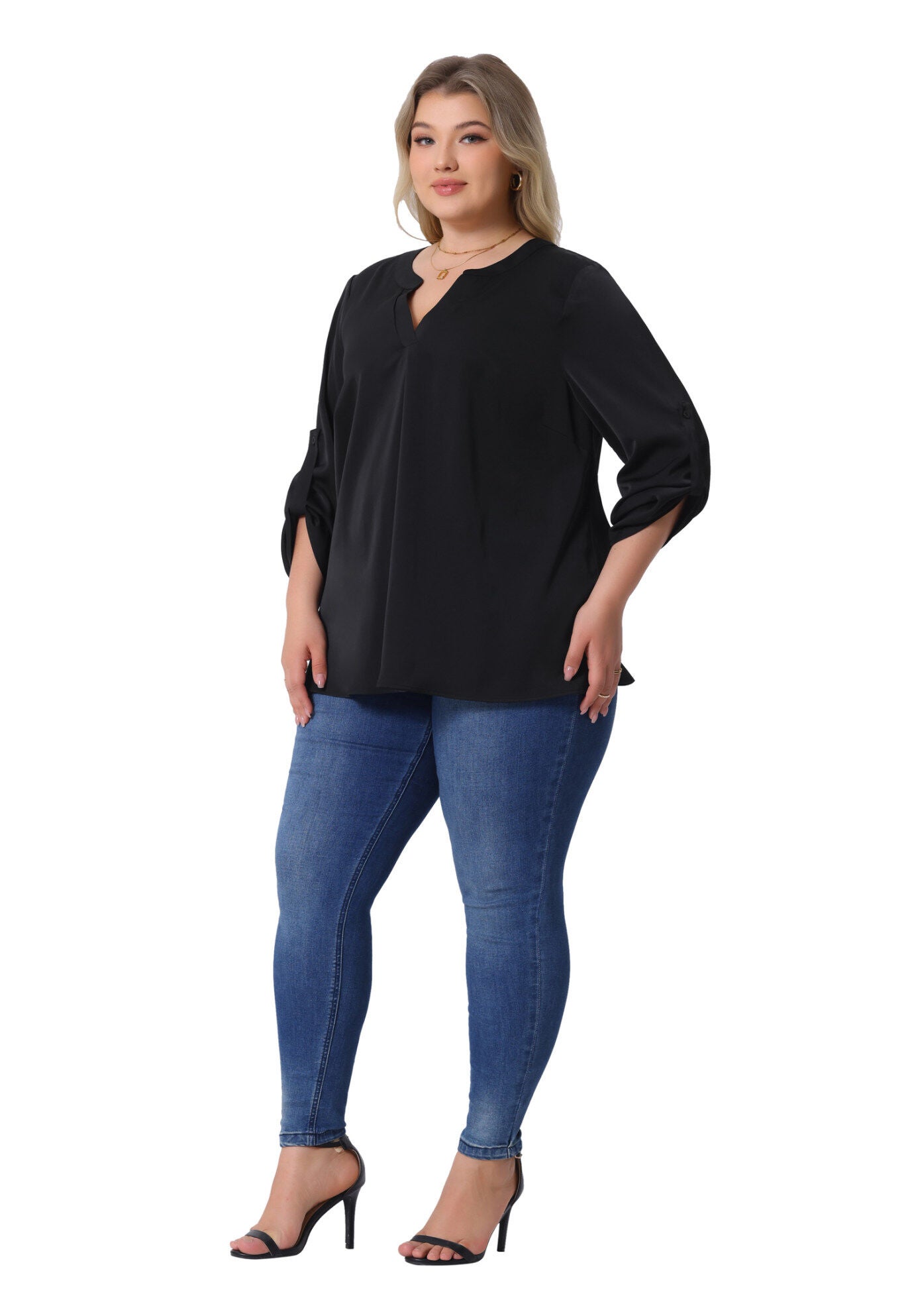 V Neck Rolled Up Sleeves Pleated Back Shirt Chiffon Top, Black / Black, hi-res image number 0