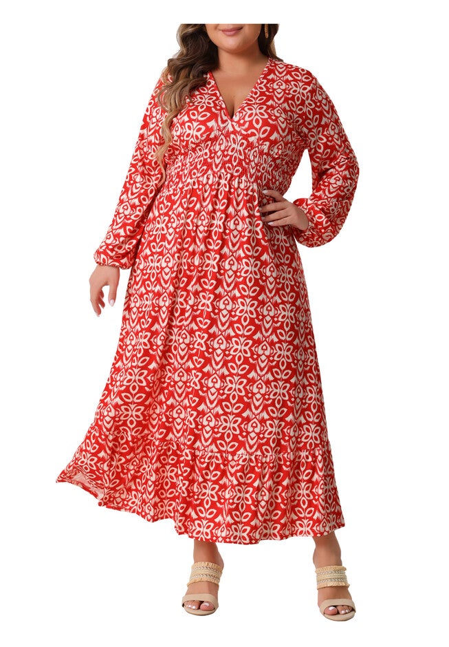 Boho Dresses Floral Print Deep V Neck Waist Wrap Long Sleeve Loose Maxi Dress, Red / Red, alternate image number null