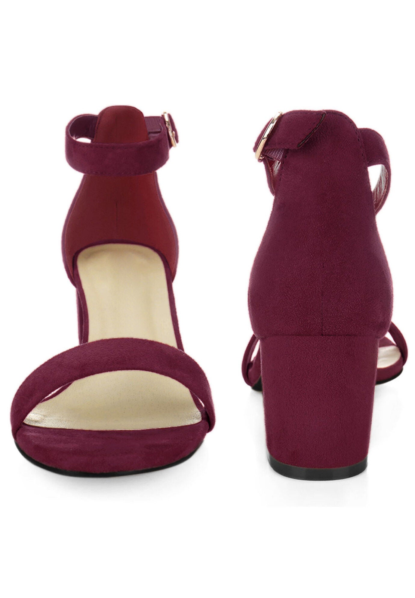 Open Toe Ankle Strap Chunky Heels Sandals, Burgundy / Burgundy, alternate image number 1