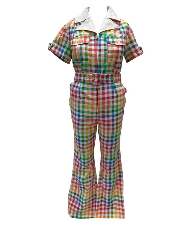 Smak Parlour Medium Rainbow Gingham Flare Jumpsuit, Rainbow / White, hi-res image number null
