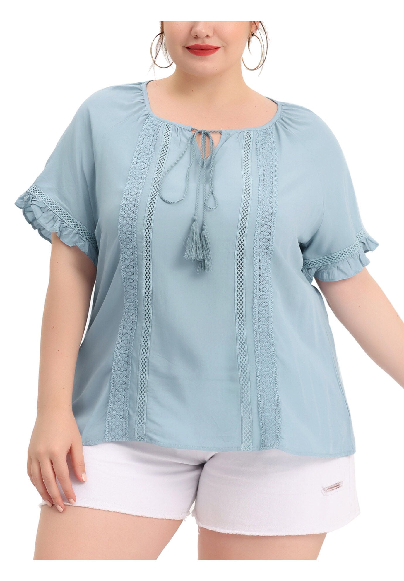 TIE NECK RUFFLE SHORT SLEEVE LACE CROCHET BLOUSE TOP, Blue / Navy, alternate image number 2