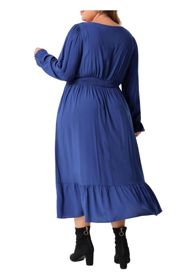 V Neck High Waist Ruffle Long Sleeve Dress with Pockets, Royal Blue / Royal Blue, alternate image number 3