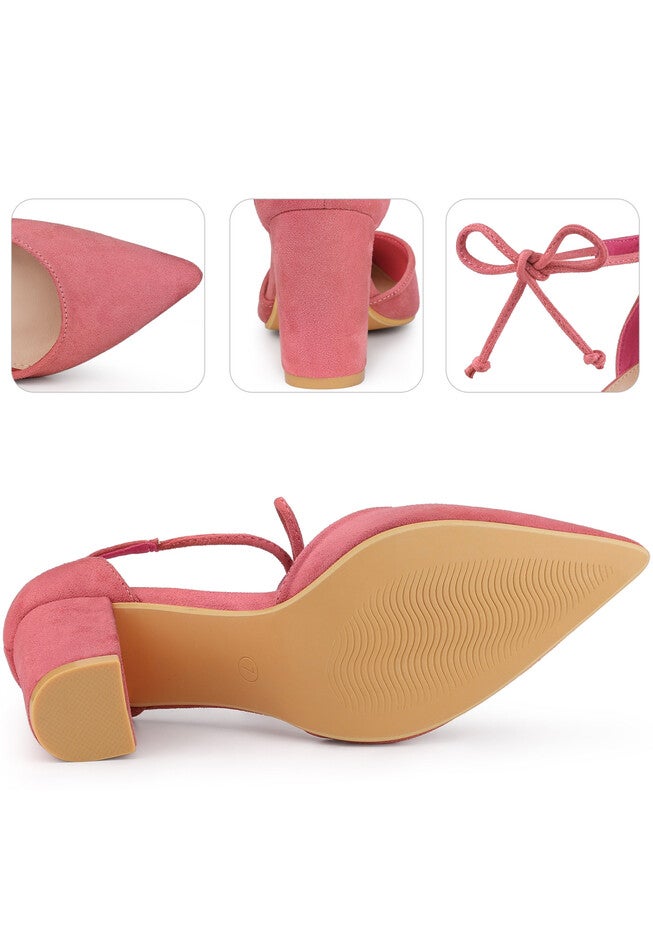 Ankle Tie Pointed Toe Chunky Heels Pumps, Red Pink / Pink, alternate image number 1