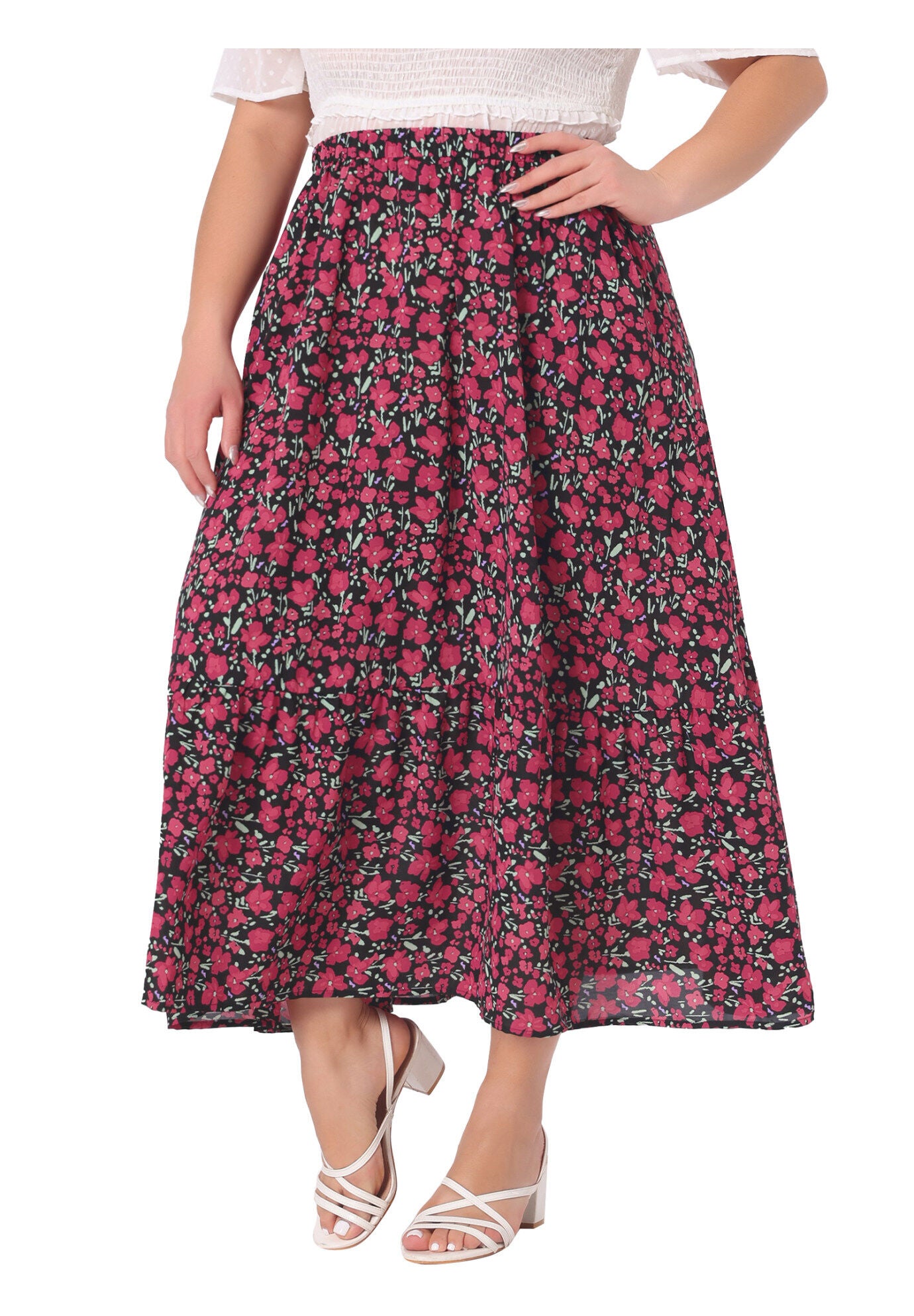 Summer Floral Flowy Stretchy Waist Layered A Line With Pocket Maxi Skirt, Black / Black, alternate image number 2